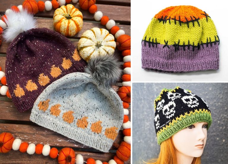 knitted Halloween hats with spooky motifs