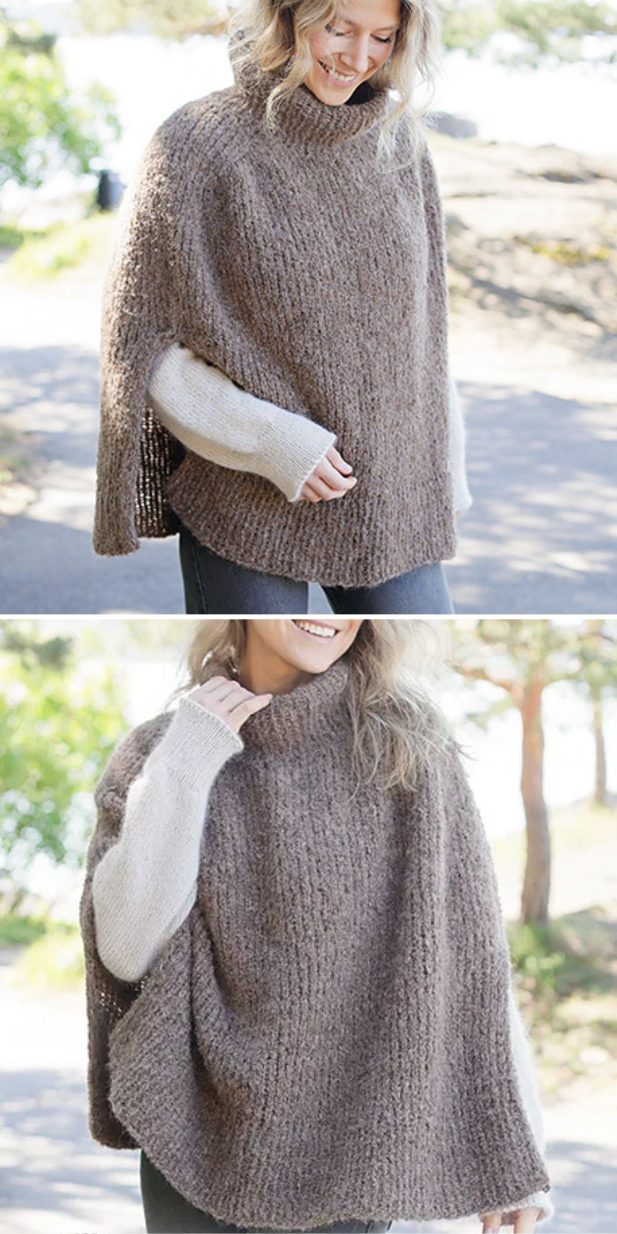 a modern knitted poncho in a neutral color