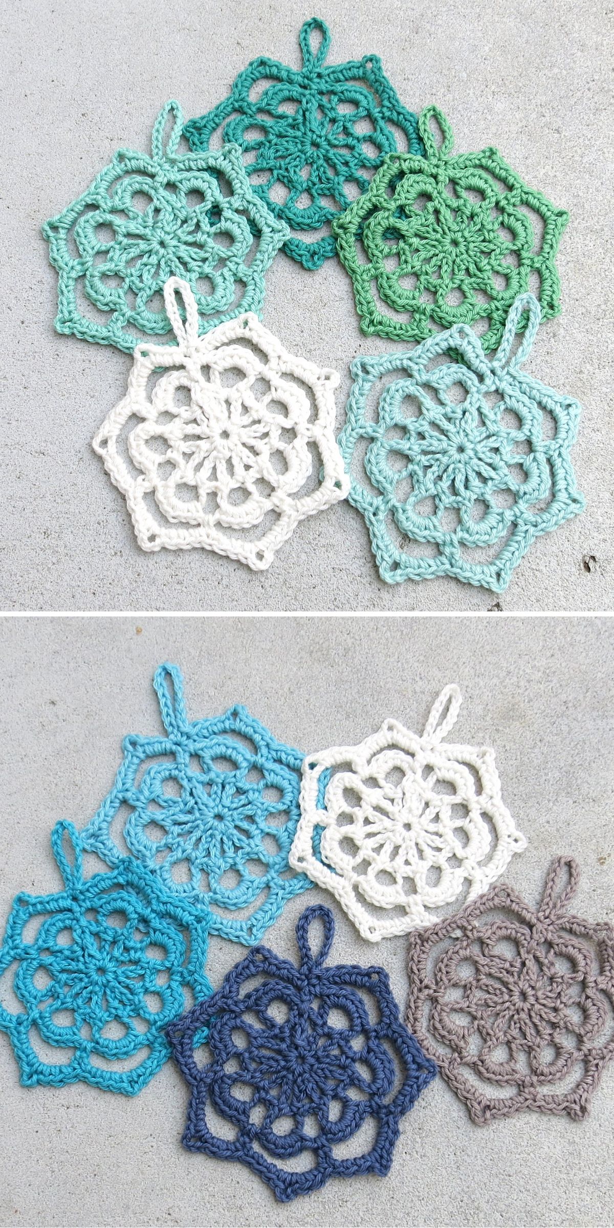 a set of crochet snowflake ornaments in different colors