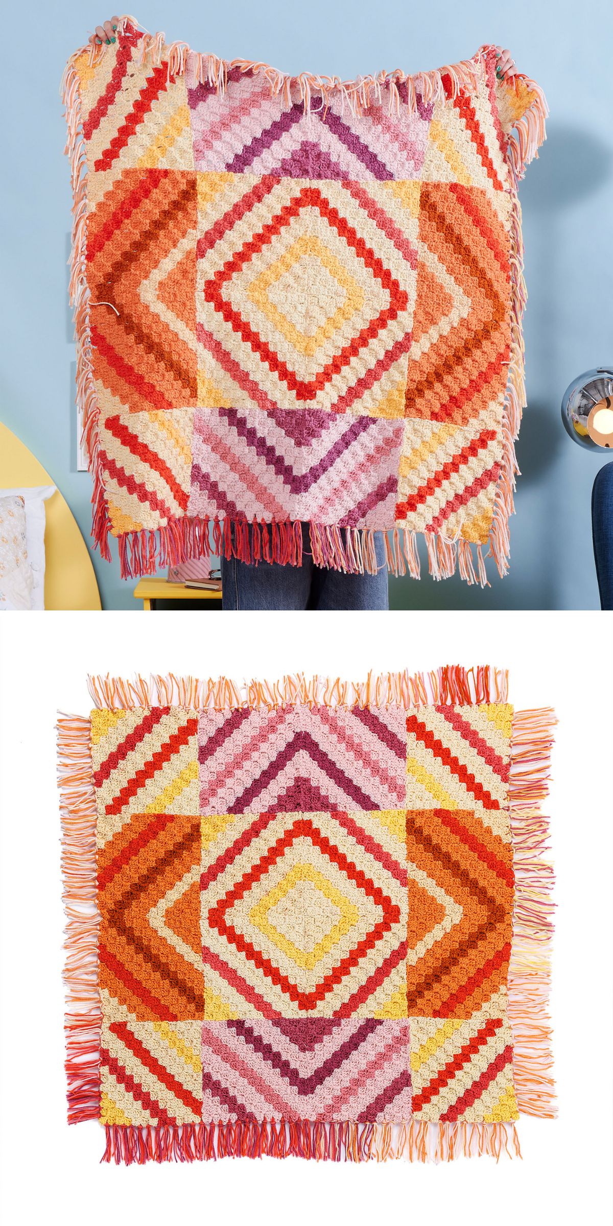 a colorful square crochet c2c blanket with tassels