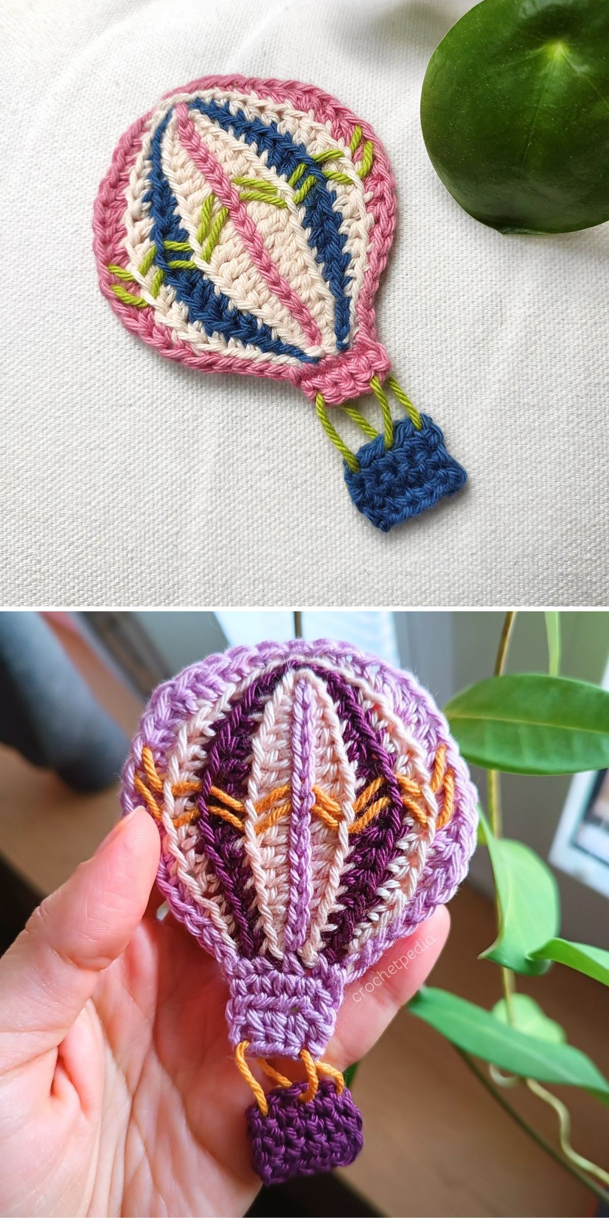 a cute crochet hot air balloon applique