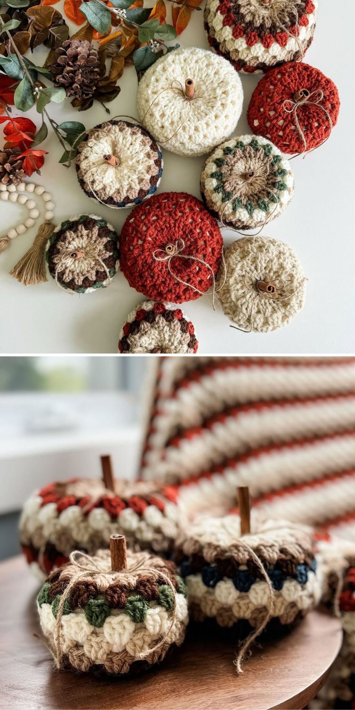 multicolored crochet pumpkins worked with granny stitches