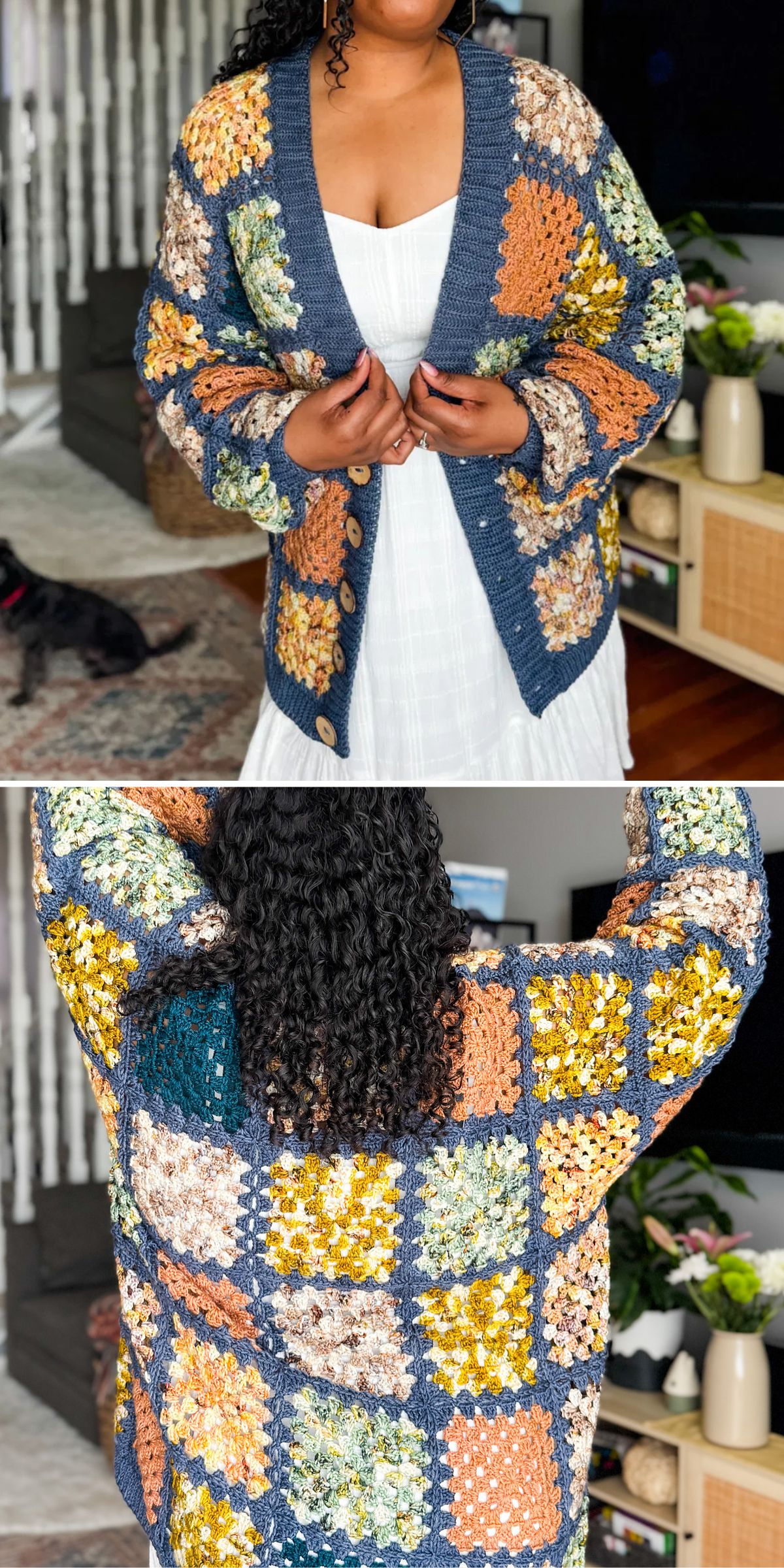 a woman wearing a crochet cardigan featuring granny squares