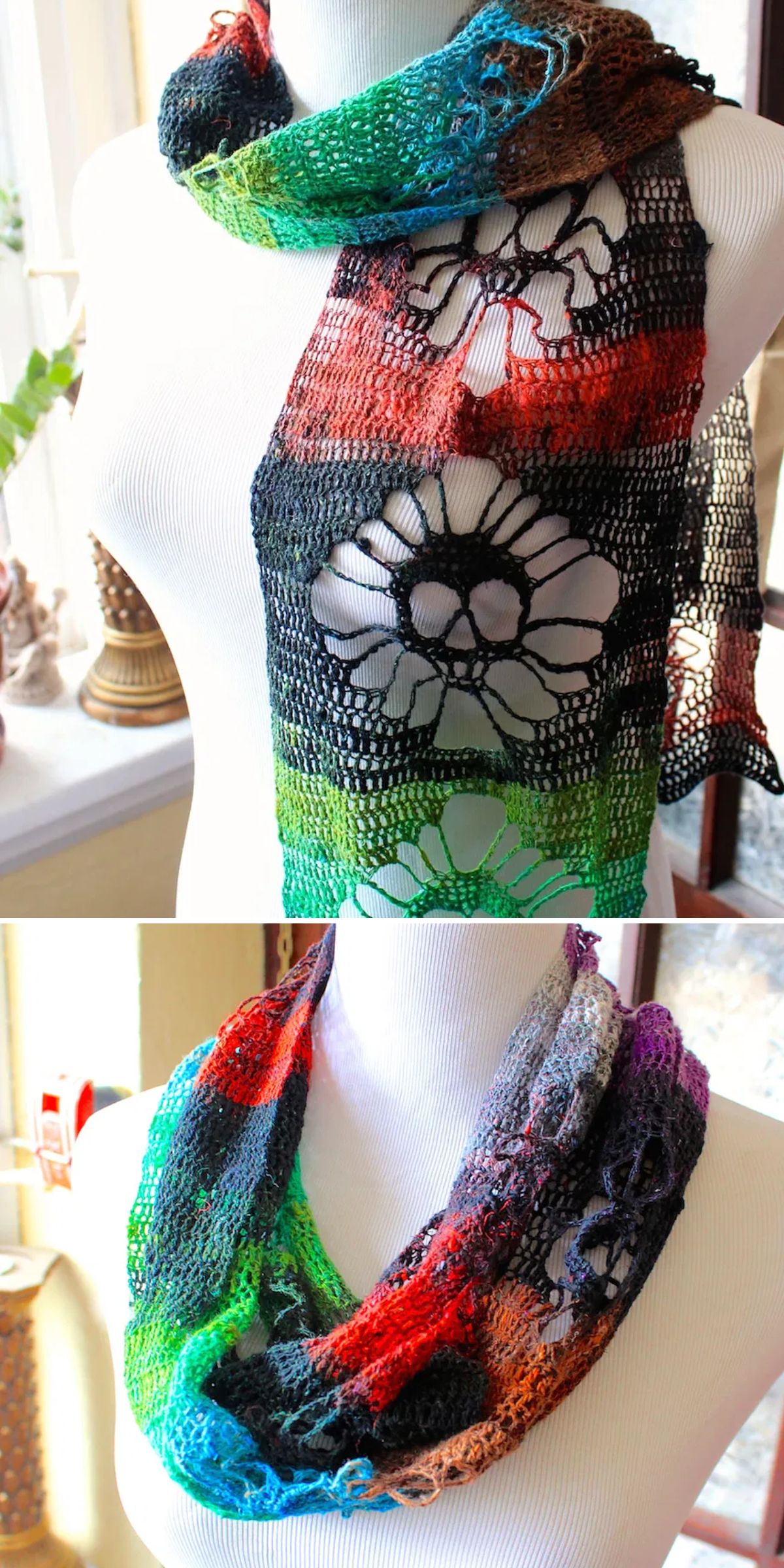 a multicolored crochet scarf with lace skull motifs