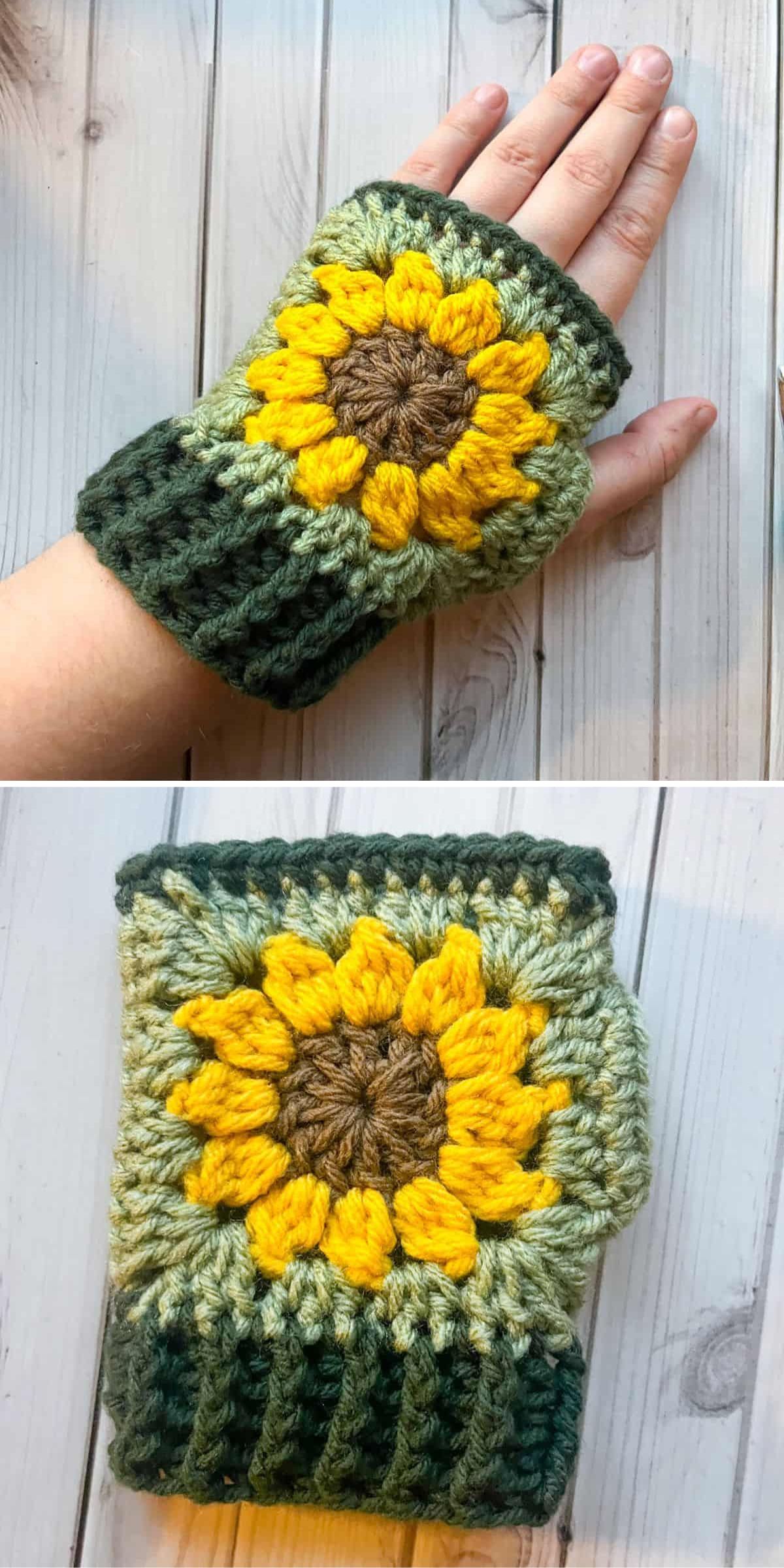 a crochet garnny square fingerless gloves with a sunflower motif