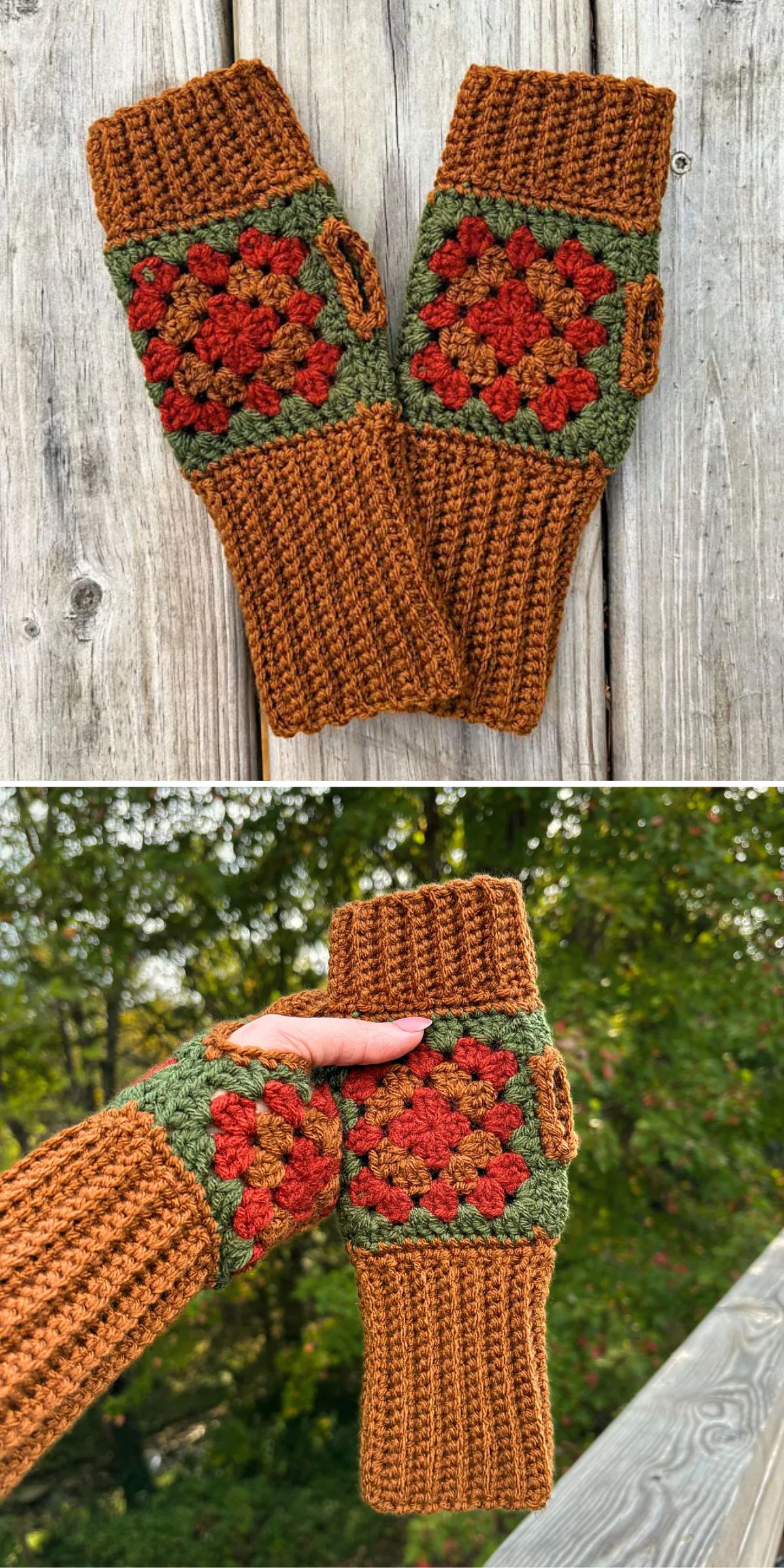 crochet fingerless mittens with granny square center motifs