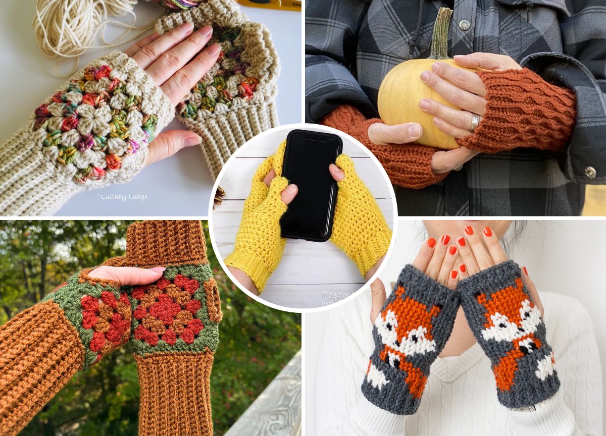 a set of crochet mittens in different colors