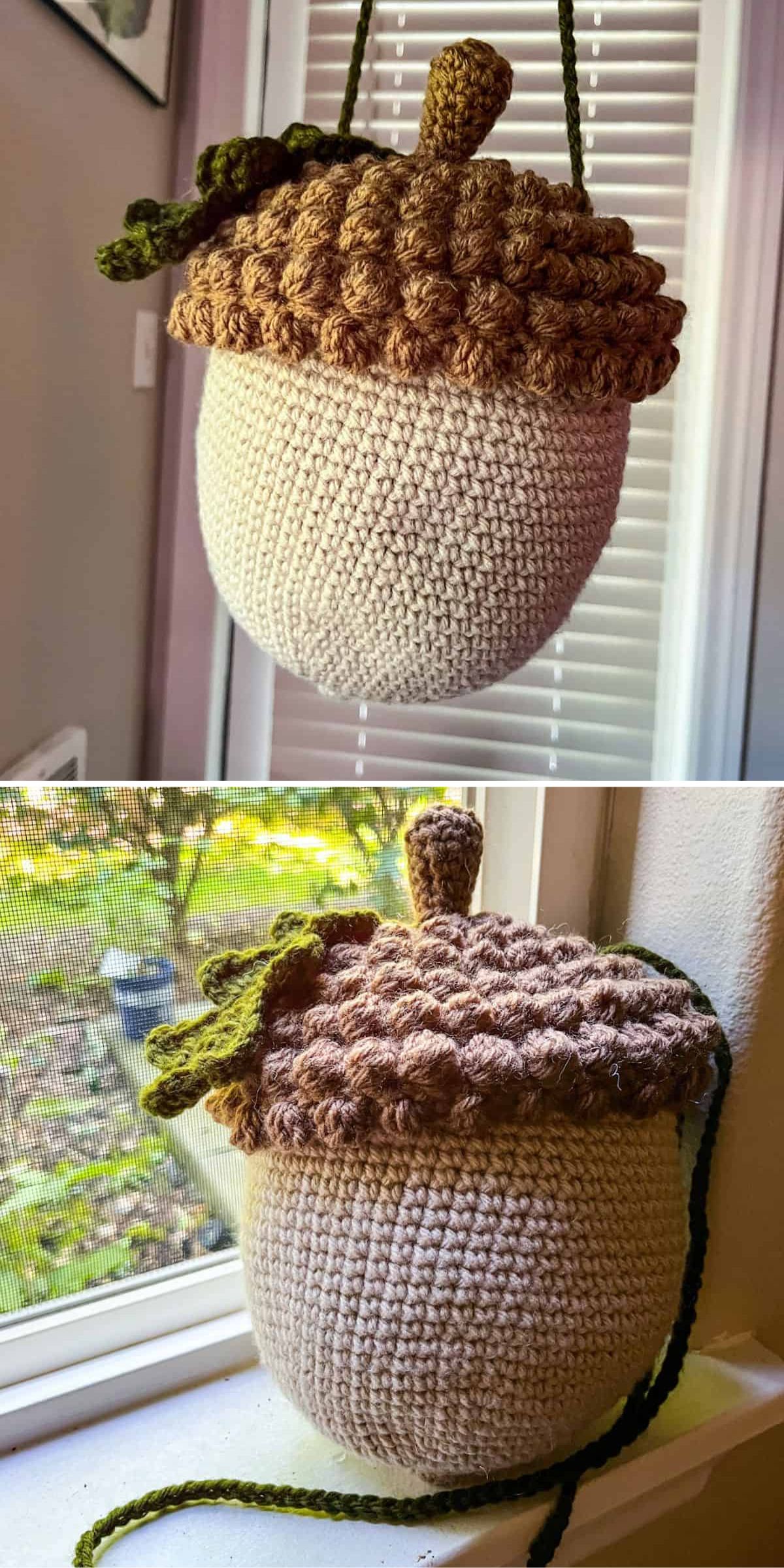 a crochet acorn-shaped bag