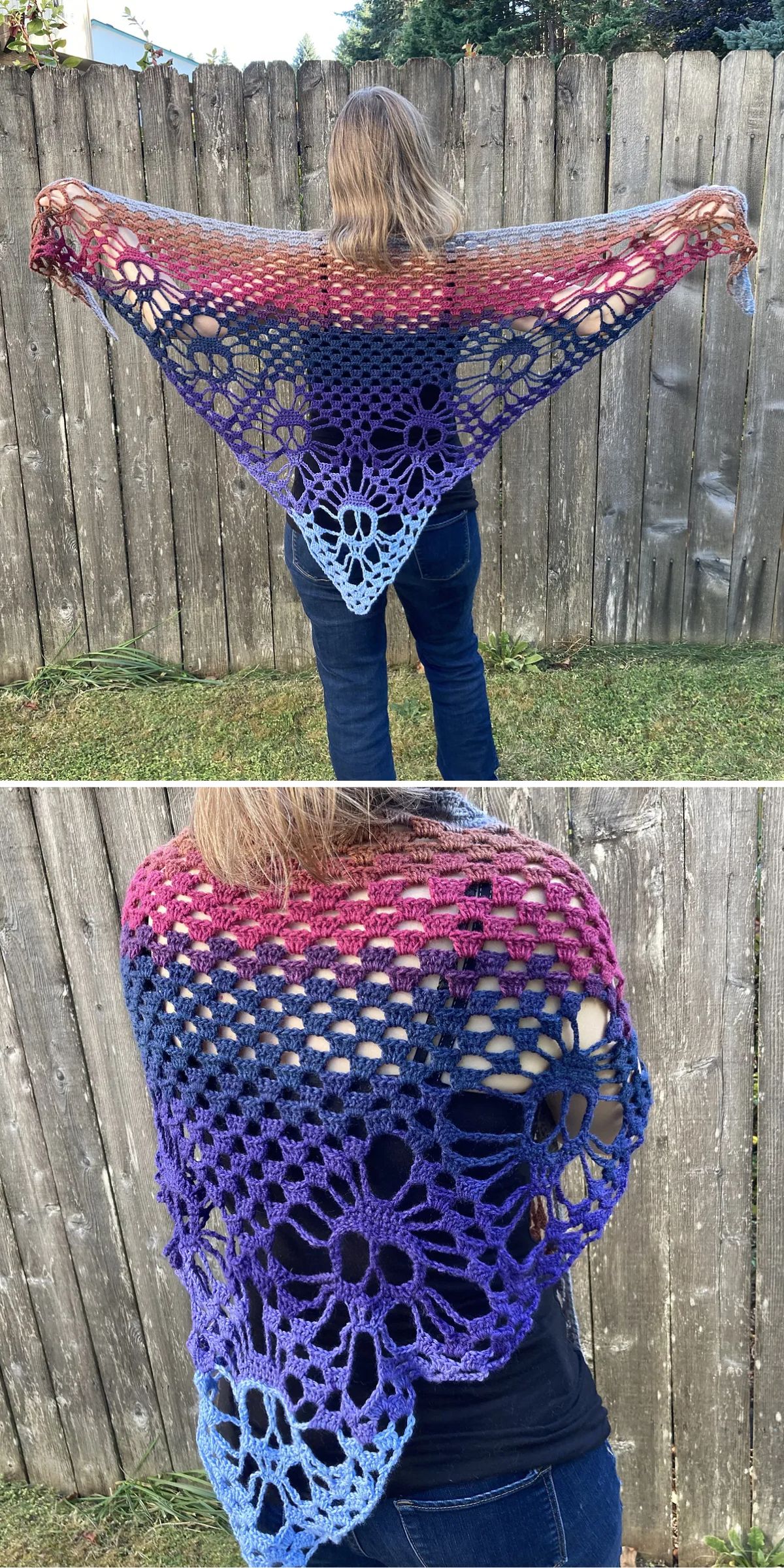 a crochet skull shawl in ombre colorway