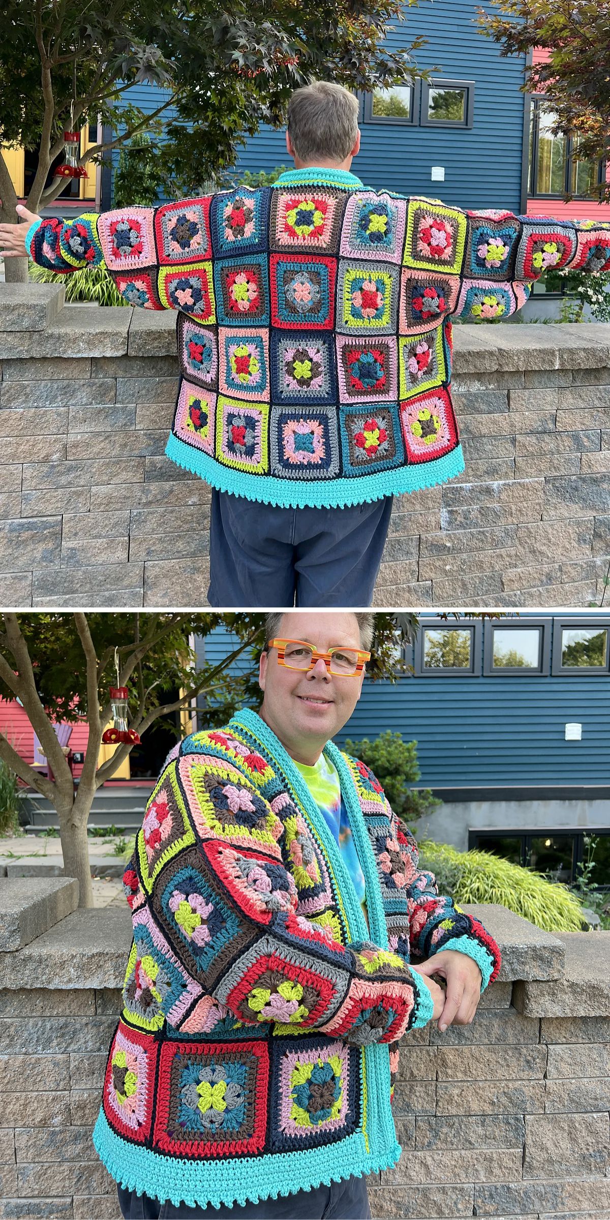 a man wearing a colorful crochet cardigan made of granny squares