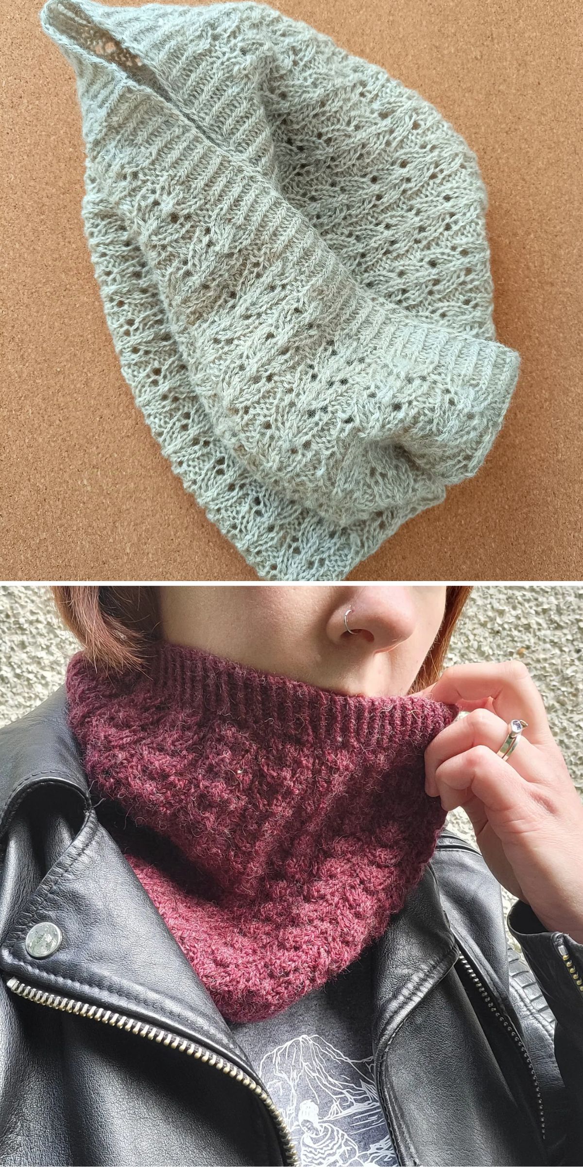 a cozy knitted cowl in grey showcased on a floor and a woman wearing a purple knit cowl