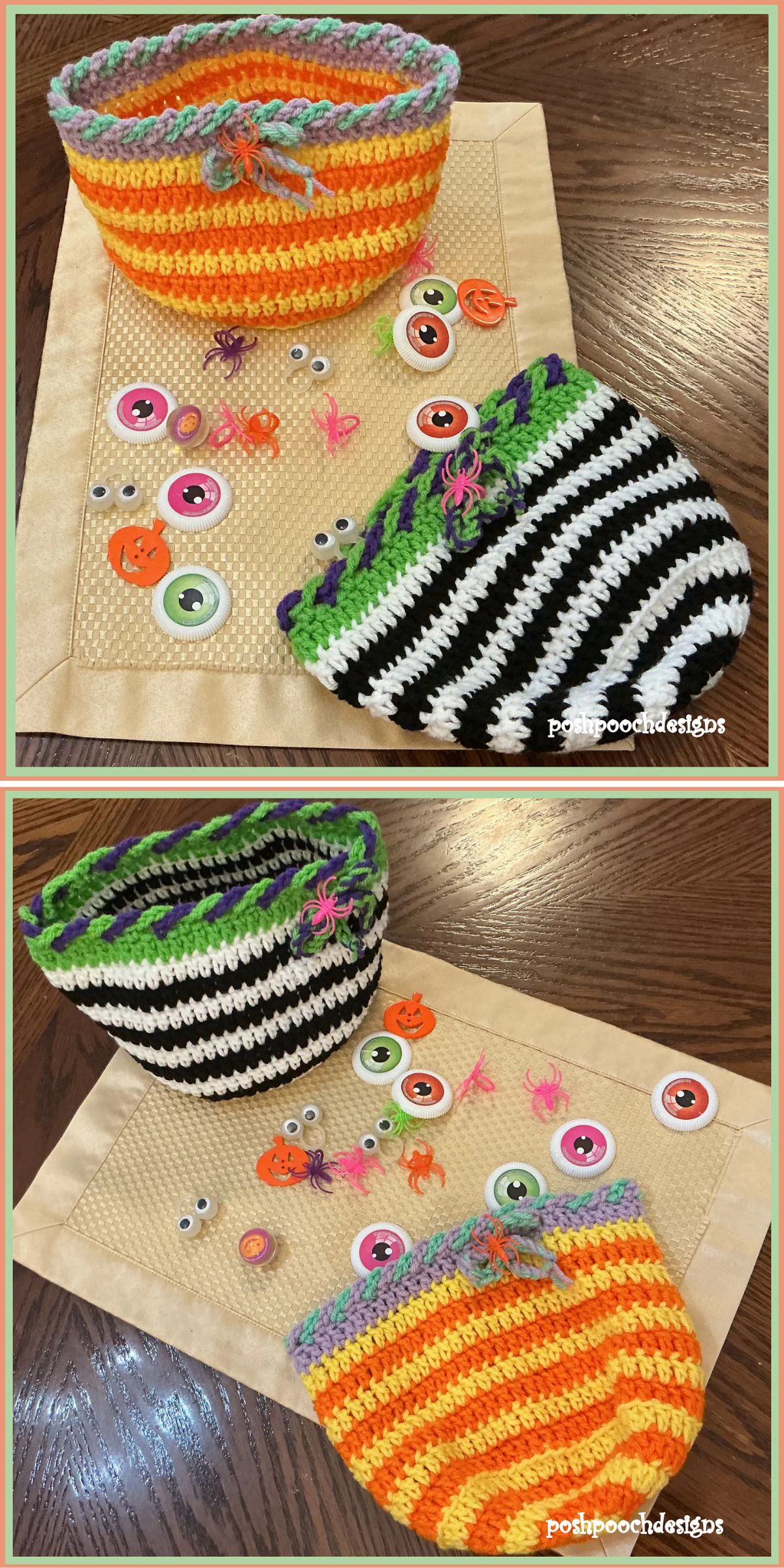 two crochet Halloween baskets featuring colorful striped patterns