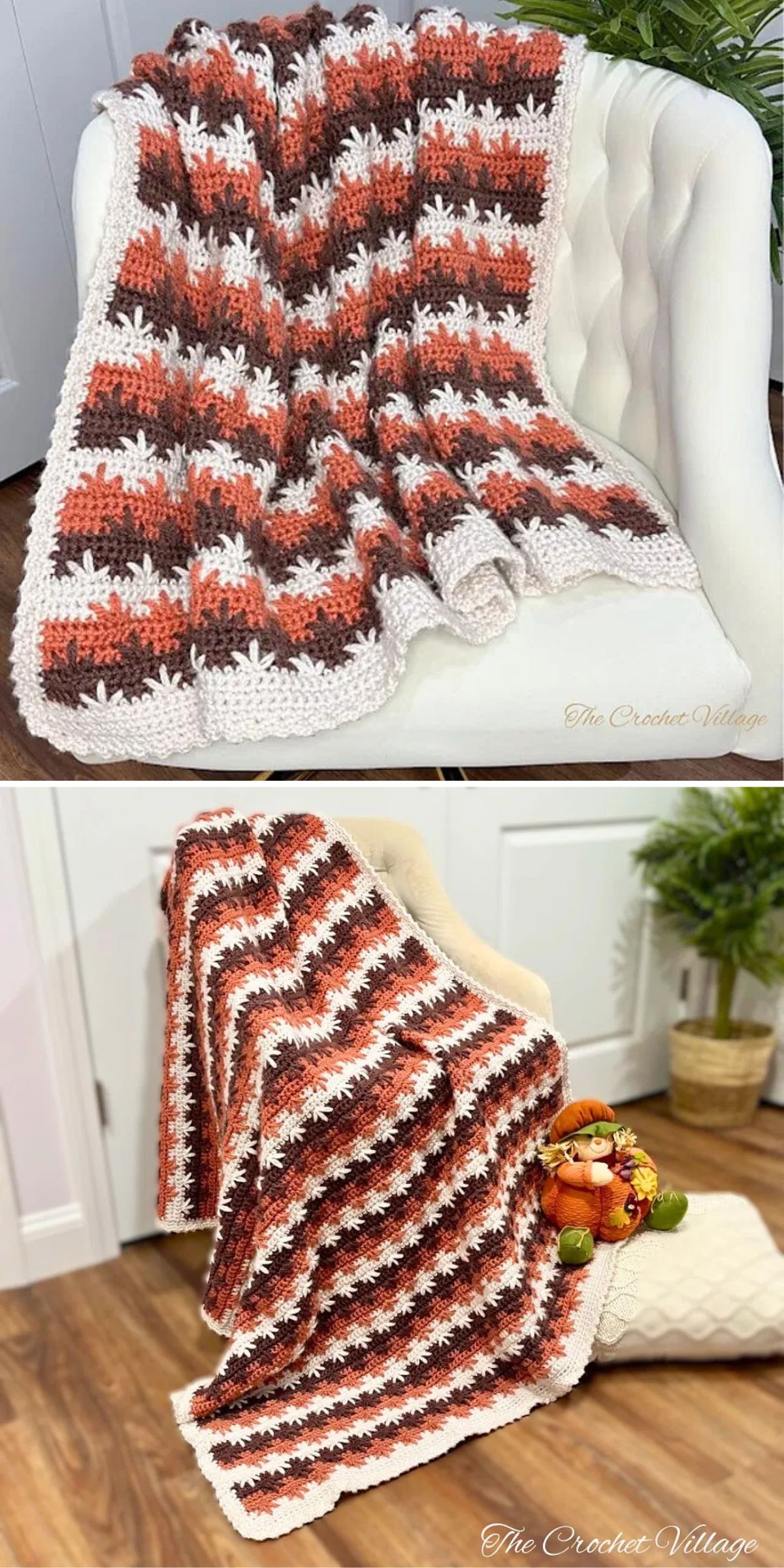 a crochet striped blanket in warm earth colors