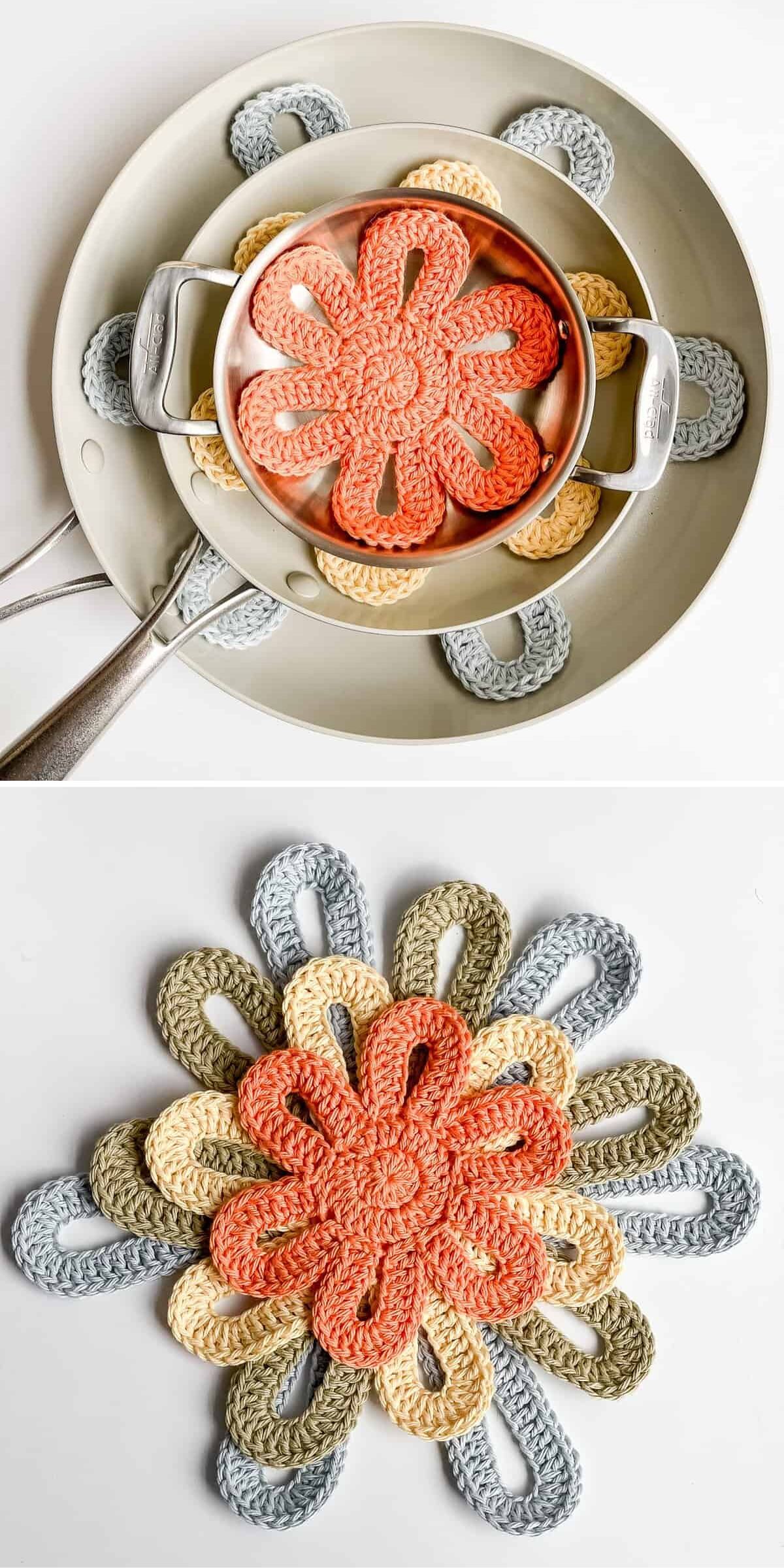 crochet pan protectors shaped like flowers