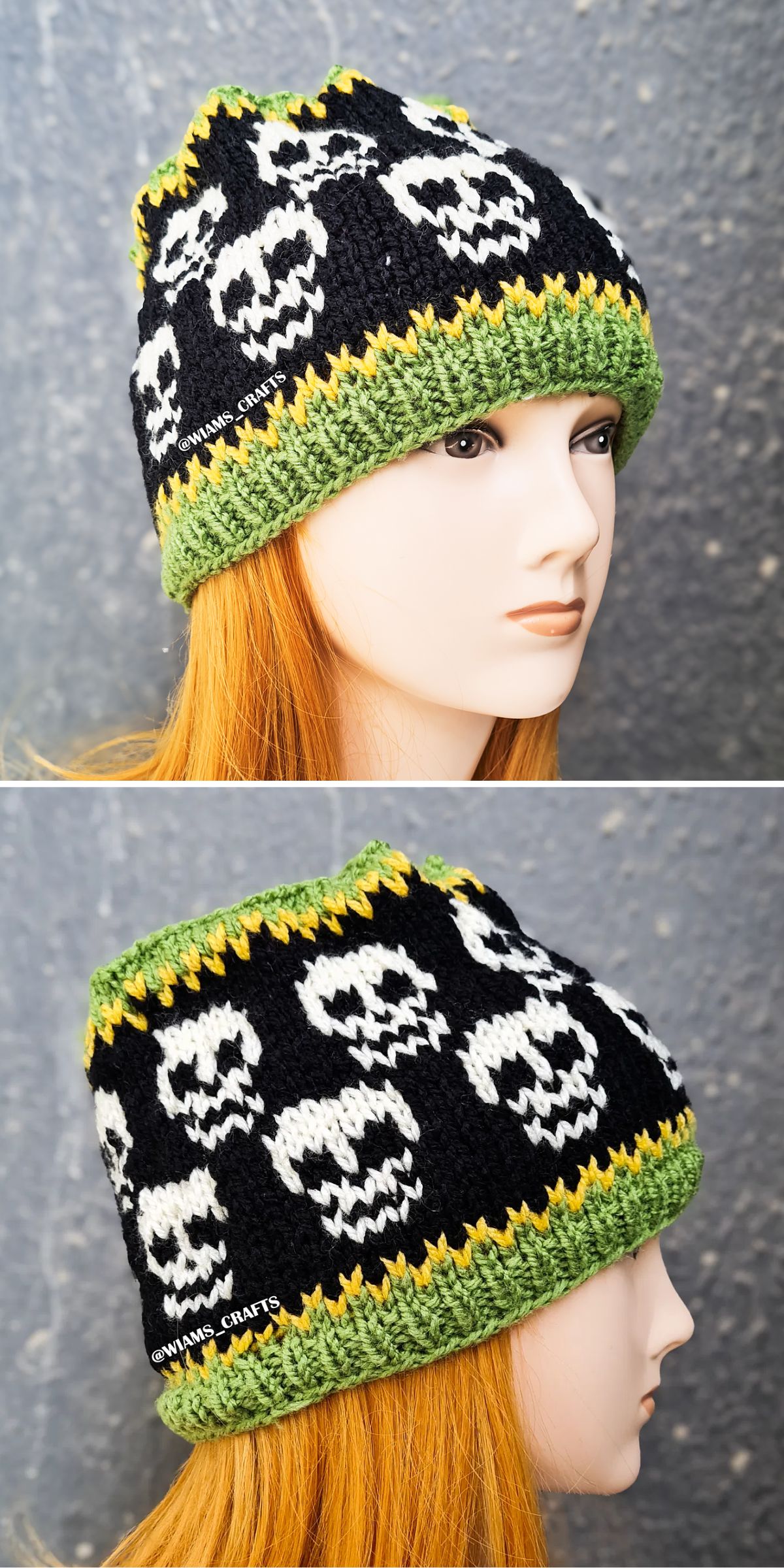 a knitted beanie with skull motifs on black background