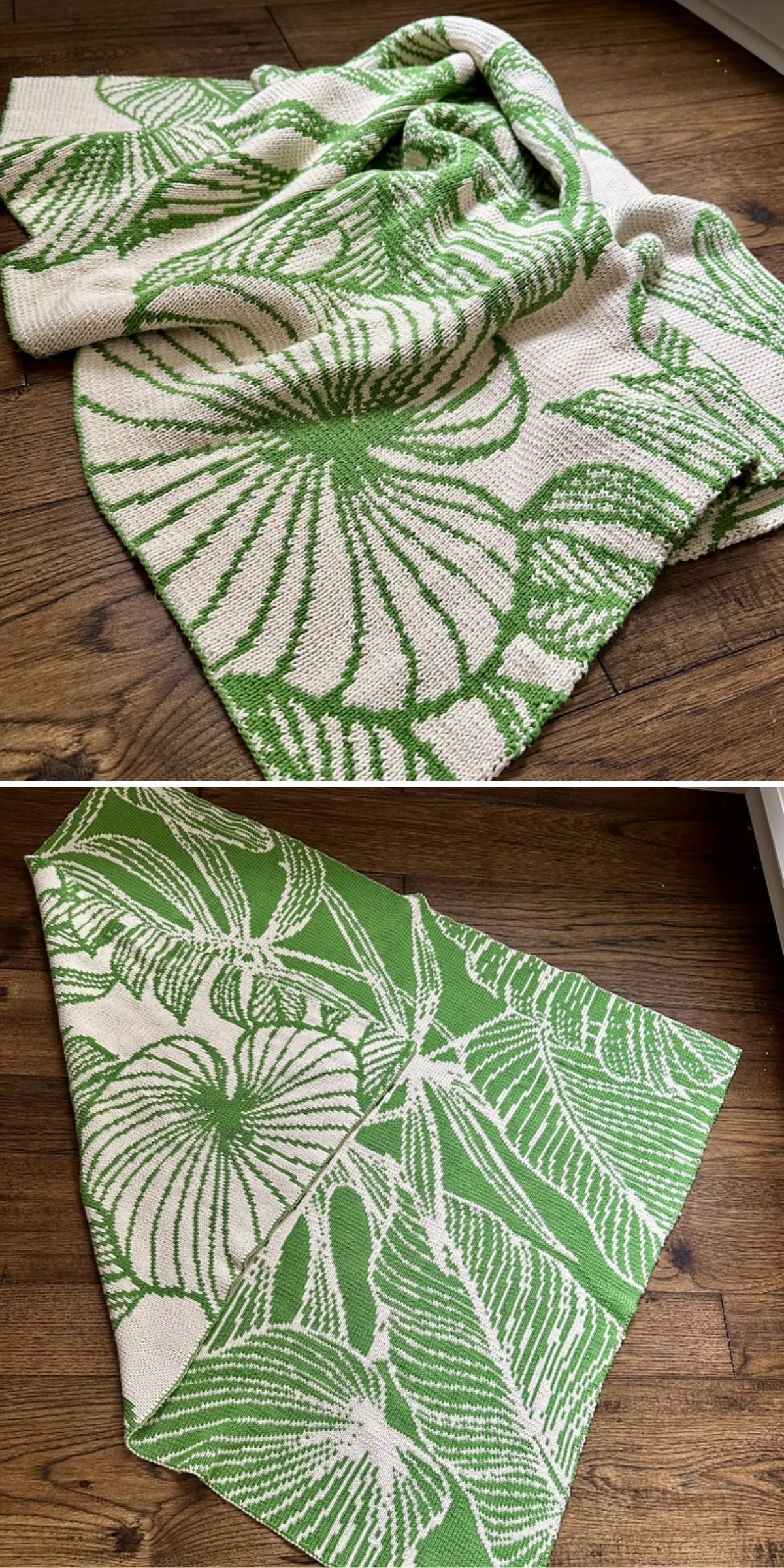 a knit baby blanket featuring an intricate with leaf motfs