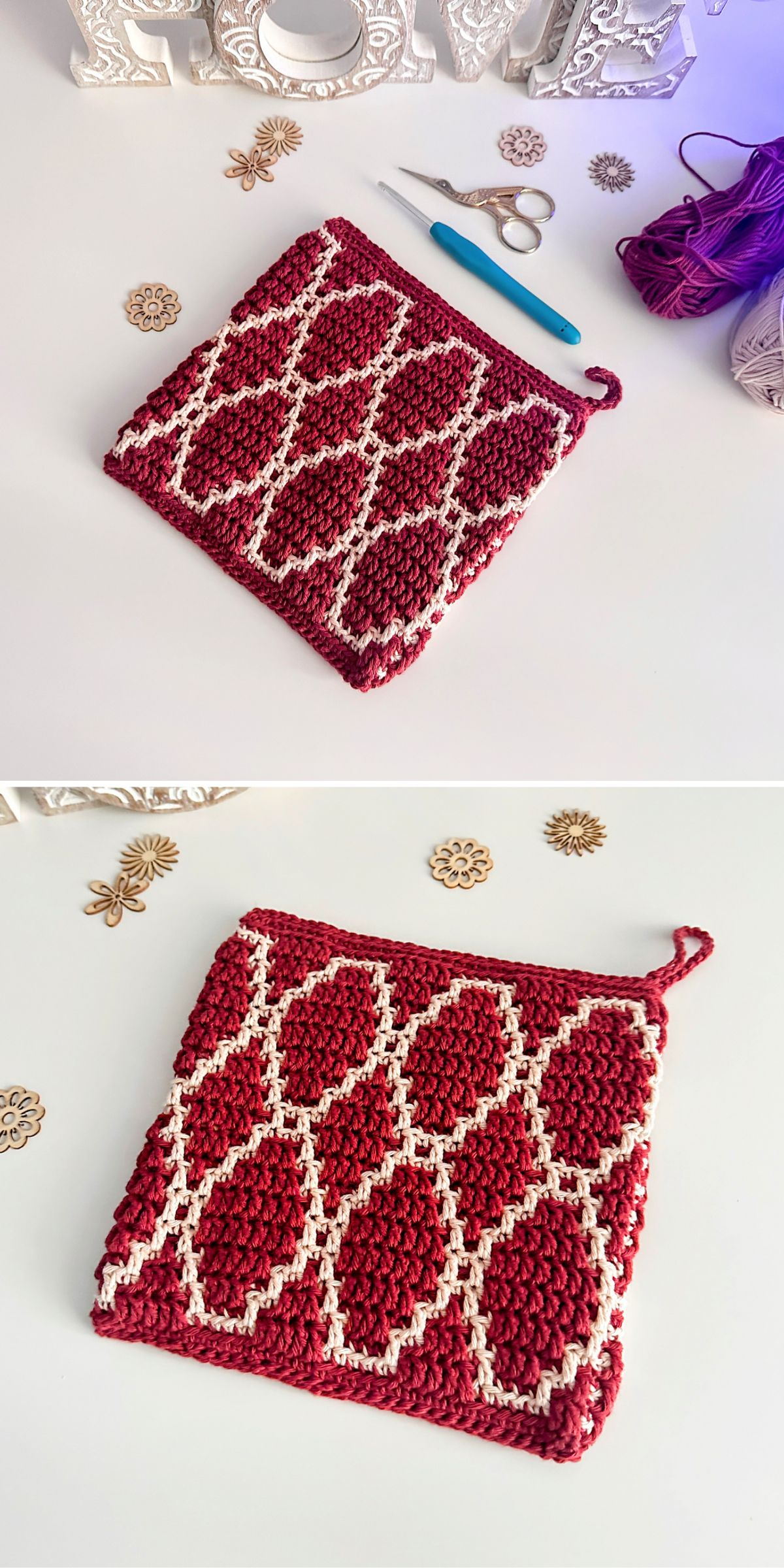 a crochet potholder with an elegant mosaic design in deep red