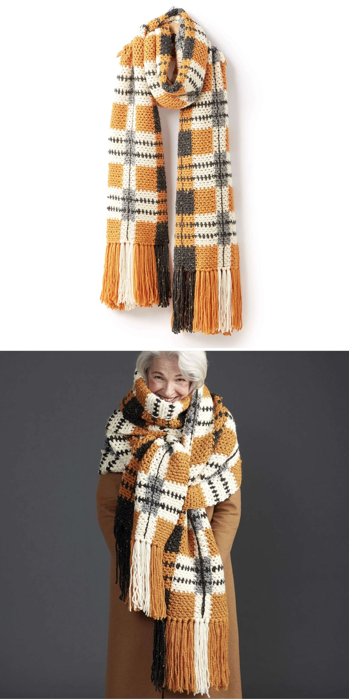 a large crochet scarf with a plaid-like pattern