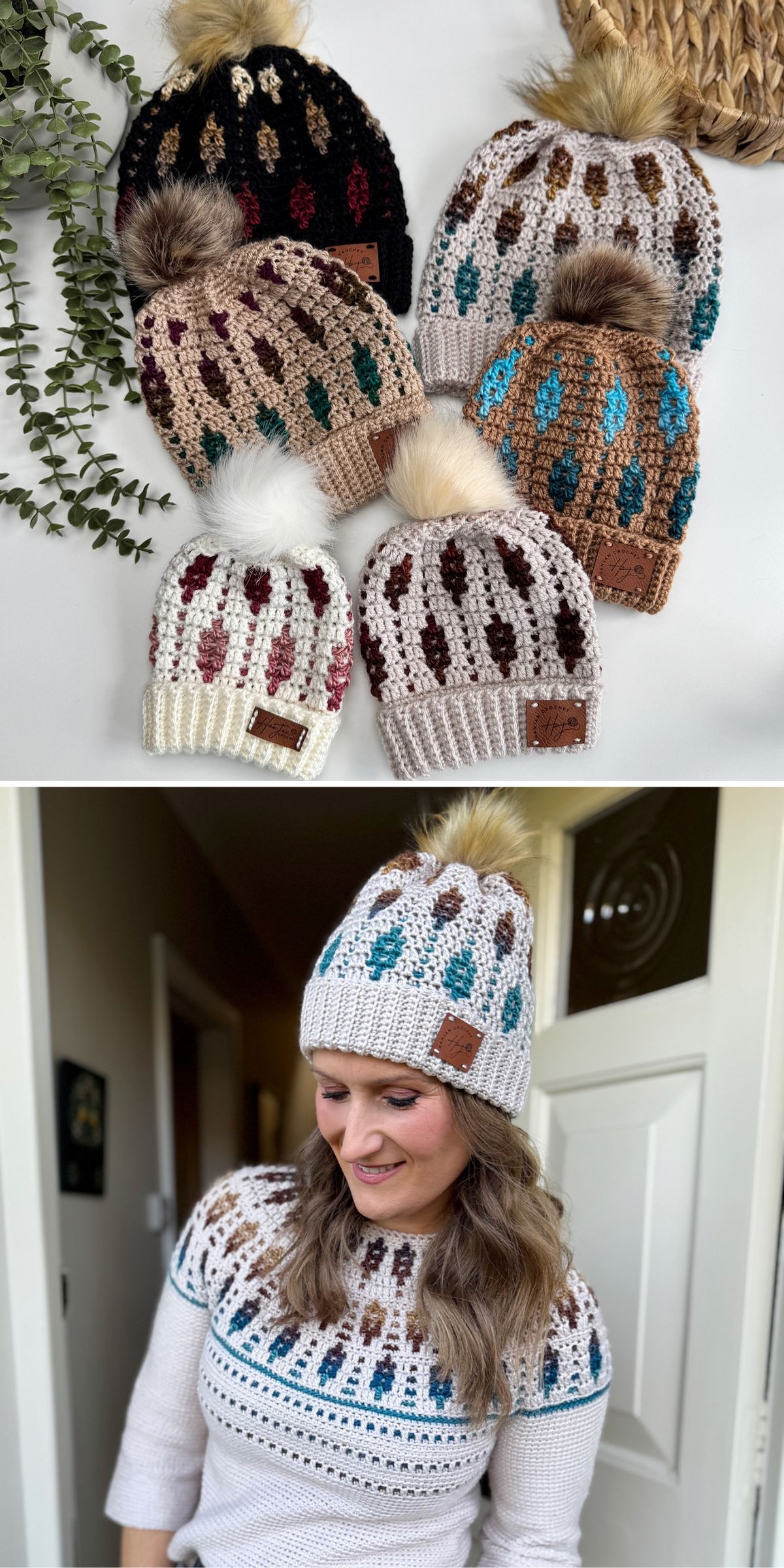 Top: Six crochet hats with leaf patterns and pom-poms in various colors are arranged on a white surface. Bottom: A woman wears a matching crochet hat and sweater with similar patterns.