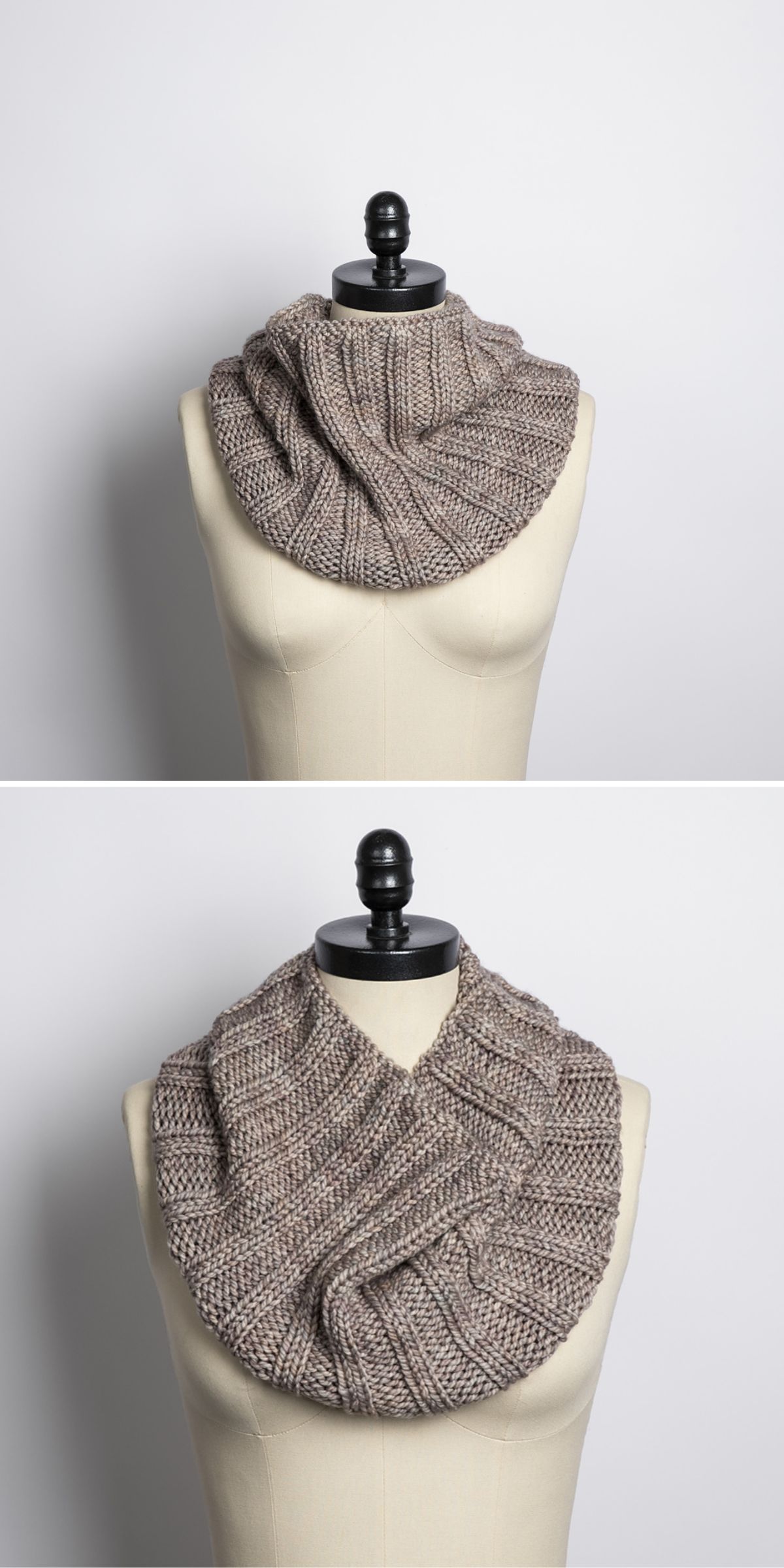 A knitted taupe infinity scarf is displayed on a dress form, shown from different angles to highlight its texture and pattern.