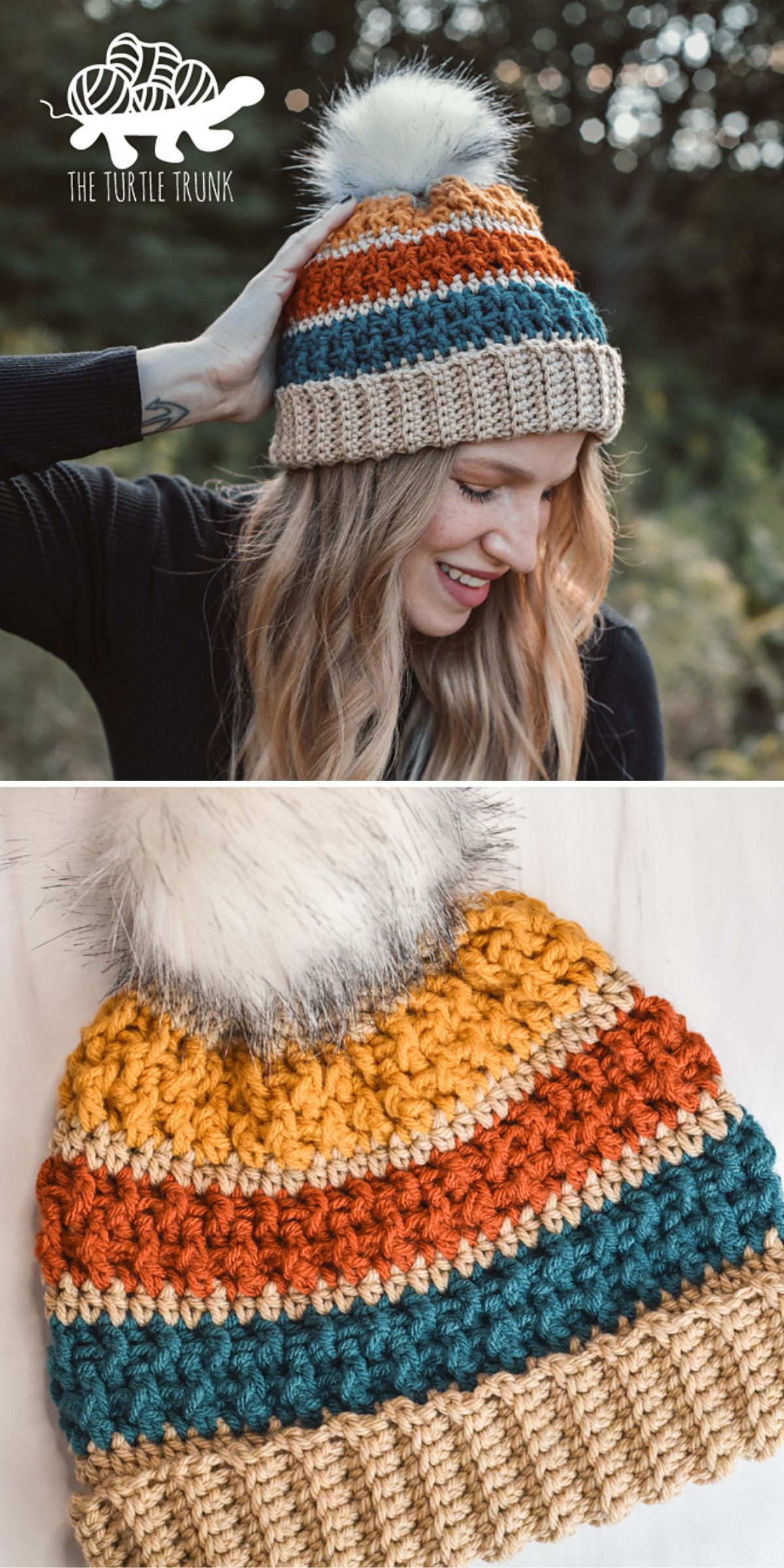 a woman wearing a striped crochet winter beanie