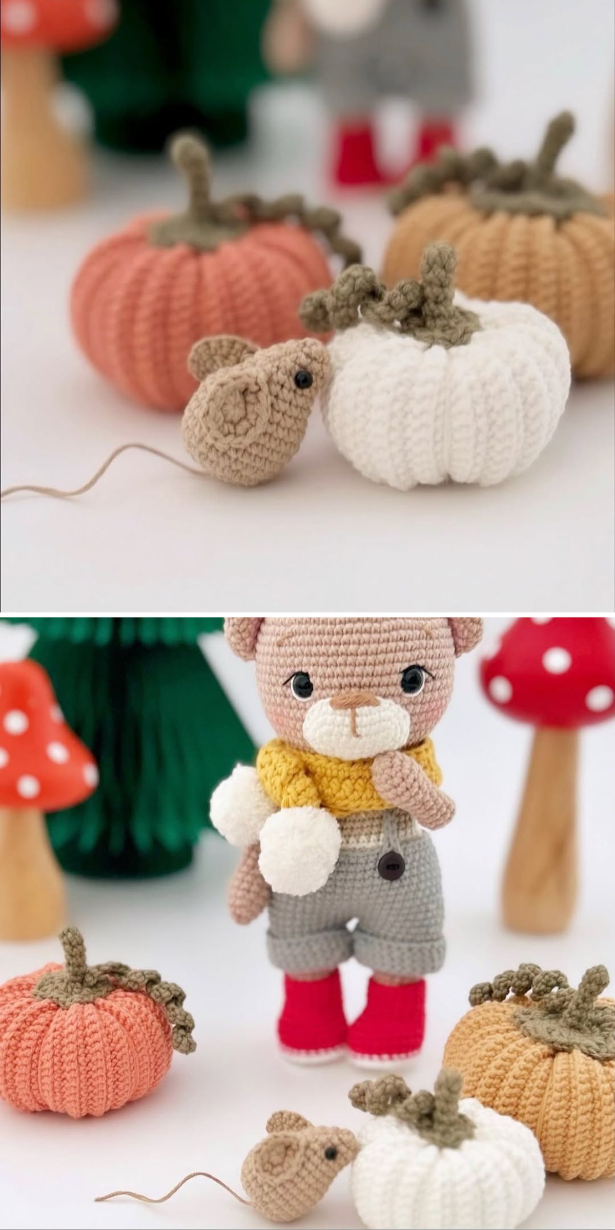 Crocheted pumpkins and a mouse are shown in the first image; in the second, a crocheted bear stands among the pumpkins, mouse, and decorative background mushrooms.