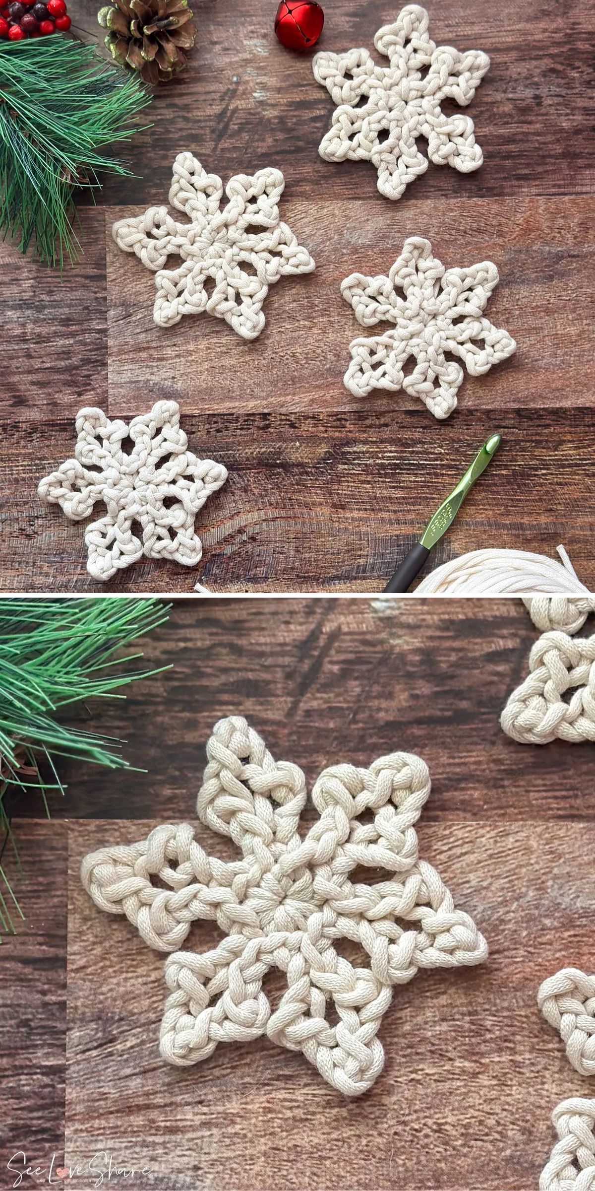 Four crocheted snowflake ornaments made from thick cream yarn are displayed on a wooden surface, with yarn, a crochet hook, and pine branches nearby.
