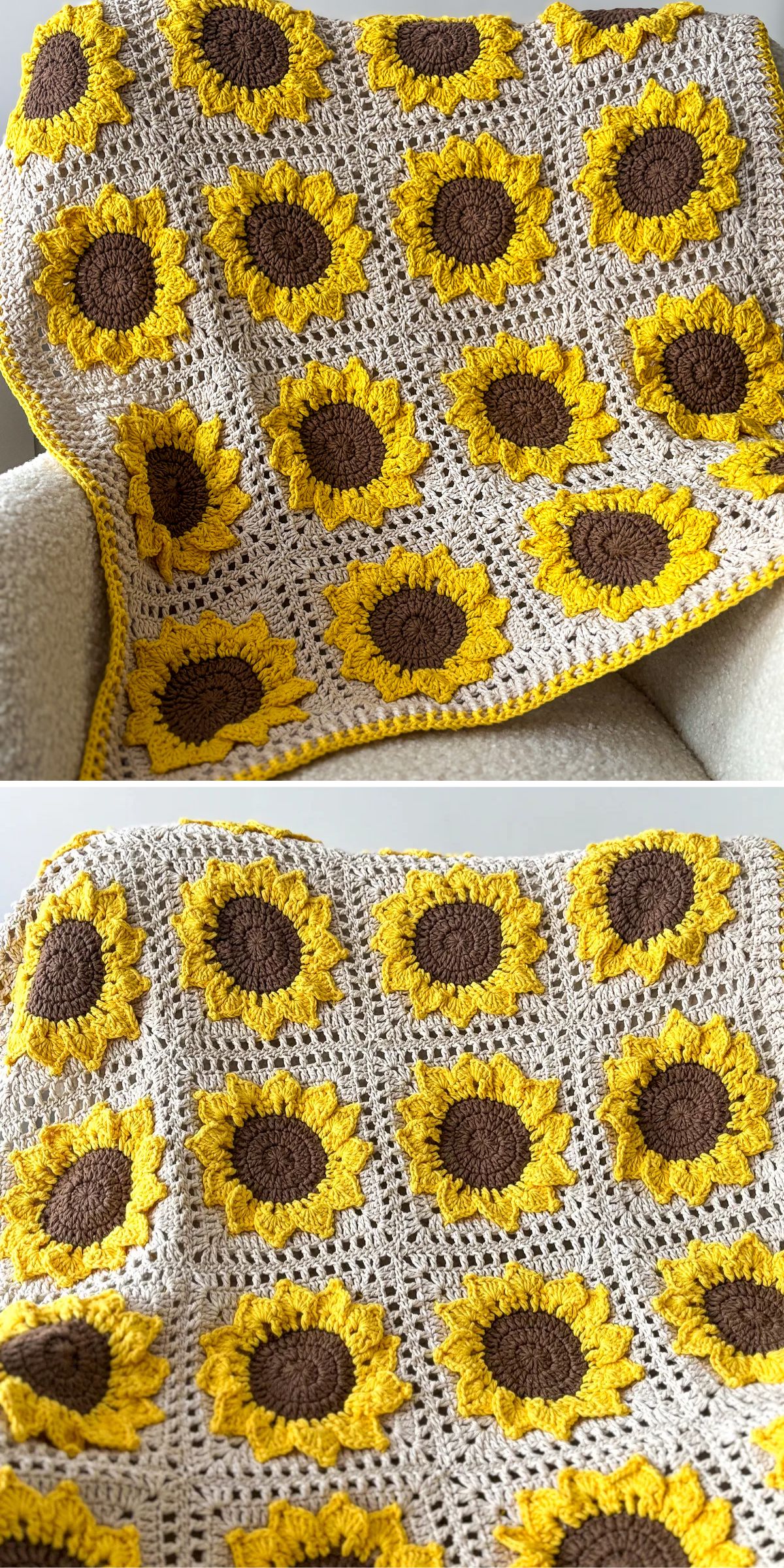 a crochet blanket built from sunflower granny suqares