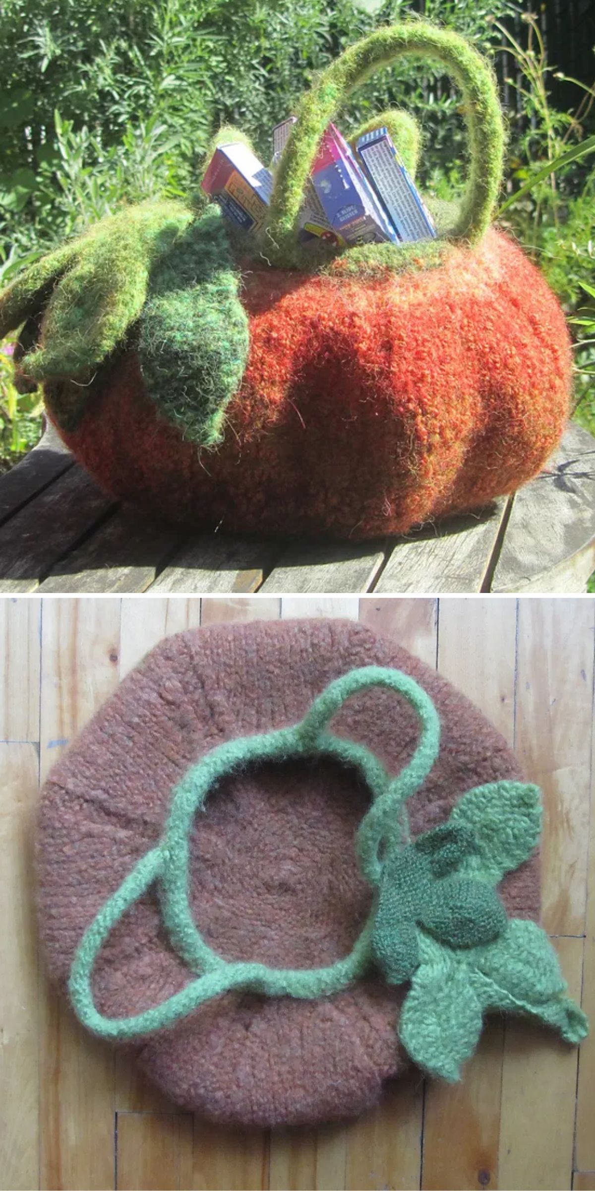 a large knit basket looking like a pumpkin