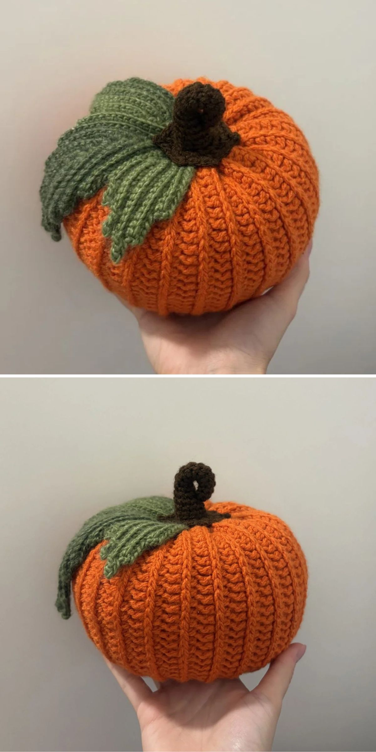 a round-shaped crochet pumpkin with leaf details