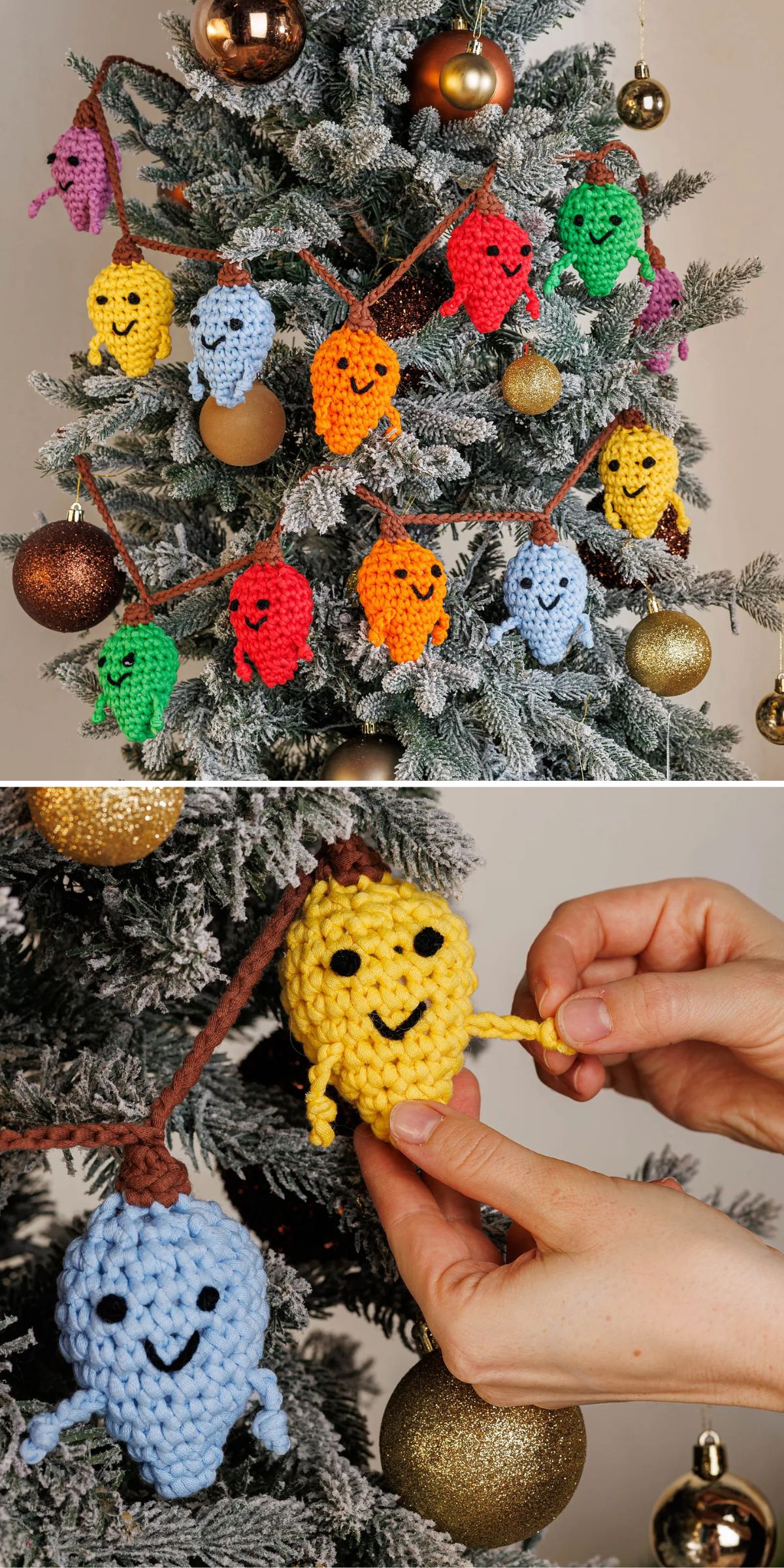 A Christmas tree decorated with colorful crocheted ornaments shaped like smiling blobs, along with gold baubles. A close-up shows hands hanging a yellow ornament.