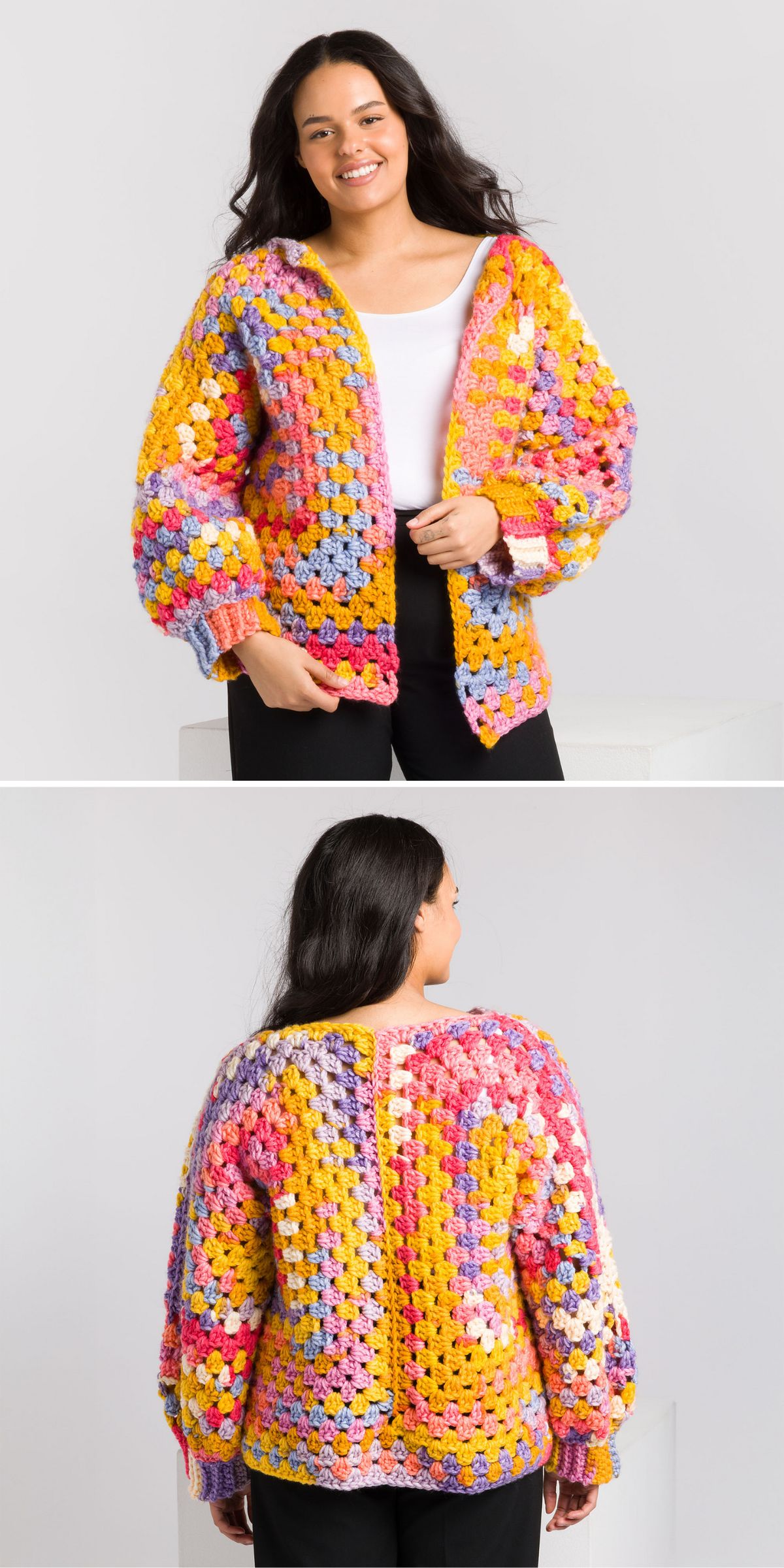 a woman dressed in a vibrant crochet granny hexi cardigan