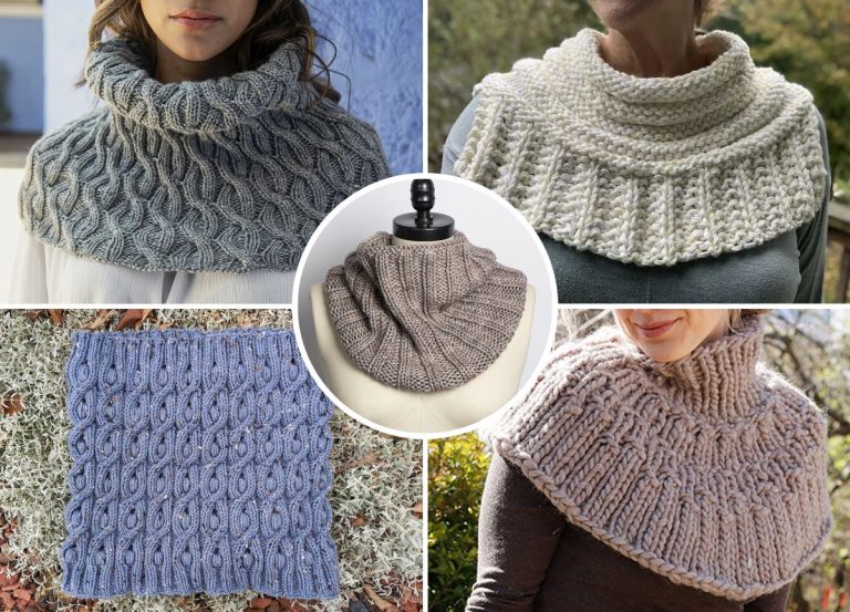A collage of five images displaying different knitted neck warmers and cowls, showcasing various textures, patterns, and colors.