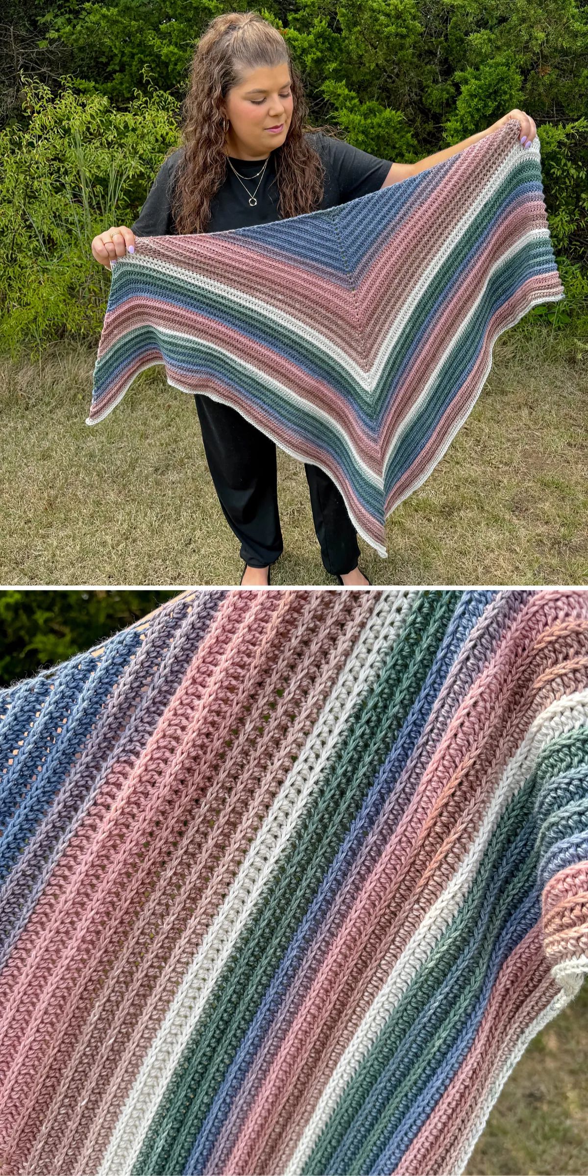 a striped crochet triangle shawl