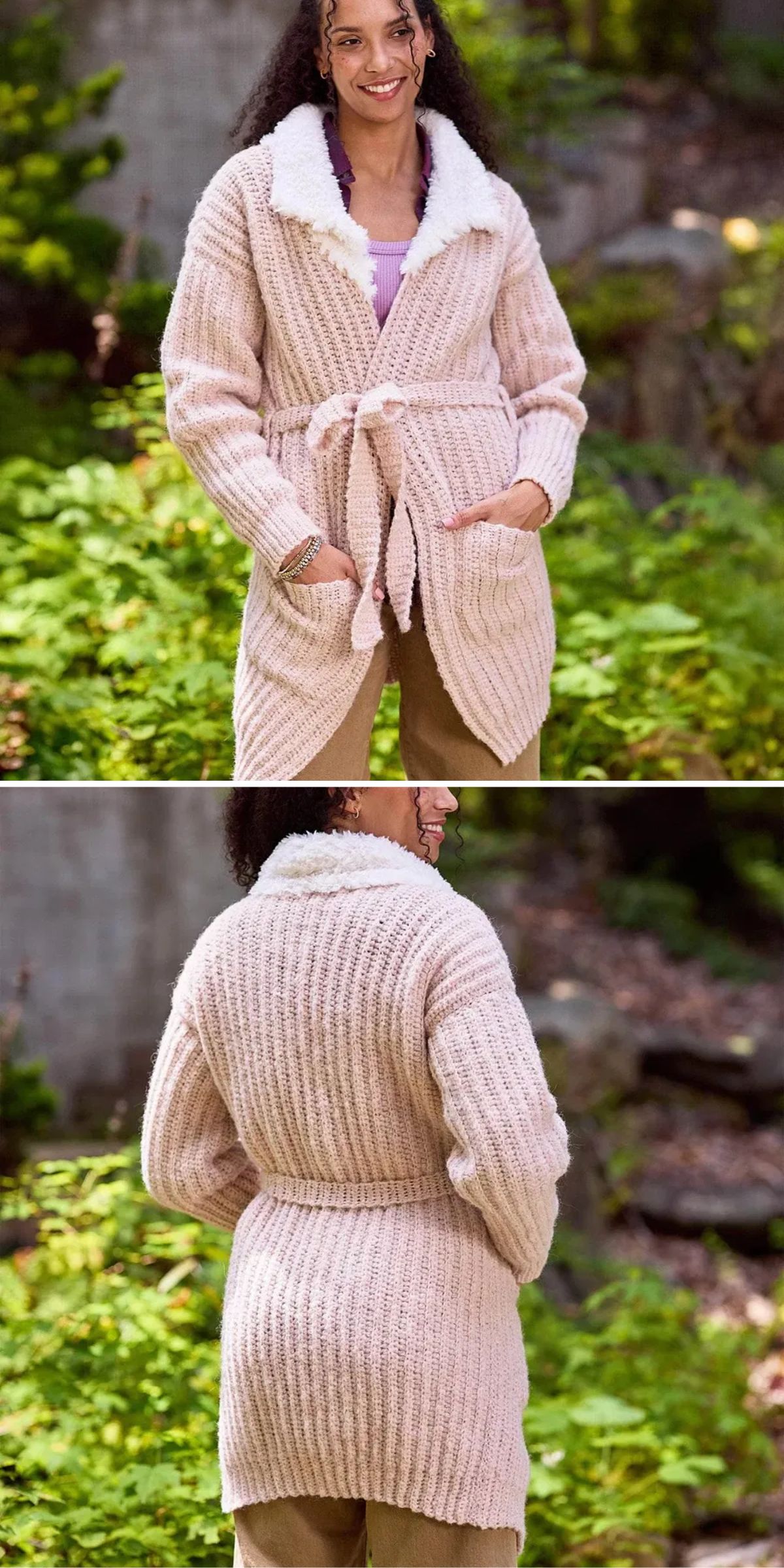 a crochet cardigan with a faux fur collar