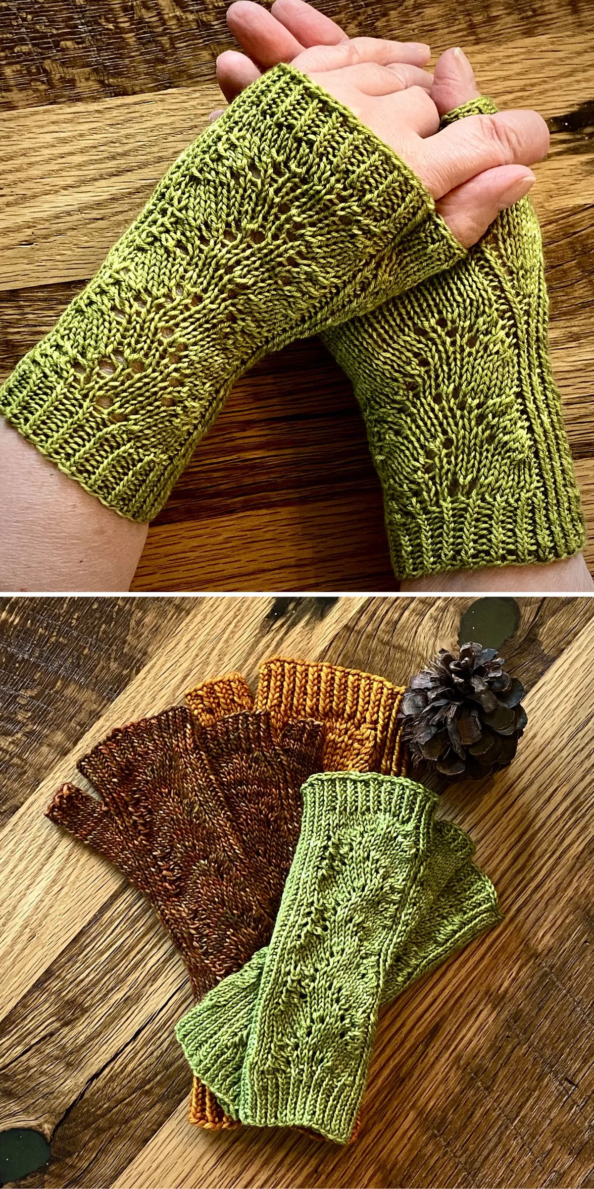 knitted gloves with lace sections down the middle