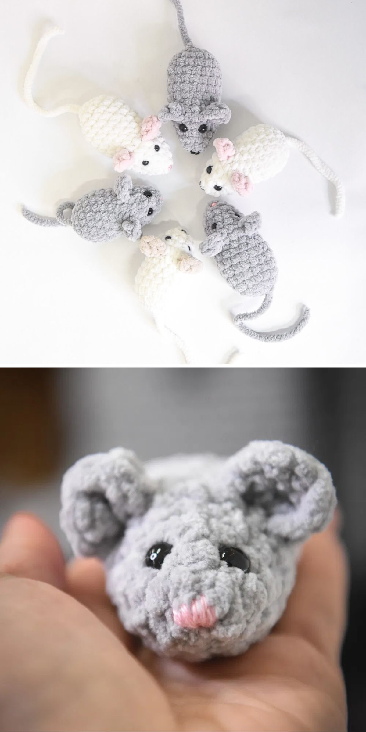 Top: Six crocheted mice toys arranged in a circle on a white surface. Bottom: Close-up of a gray crocheted mouse held in a person's hand.