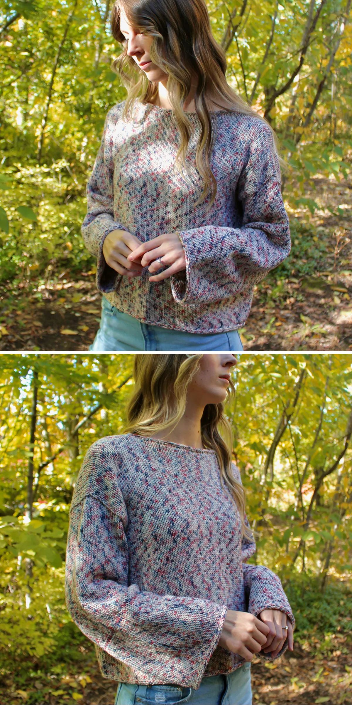 A person wearing a speckled knit sweater and blue jeans stands outdoors in a wooded area with green foliage.