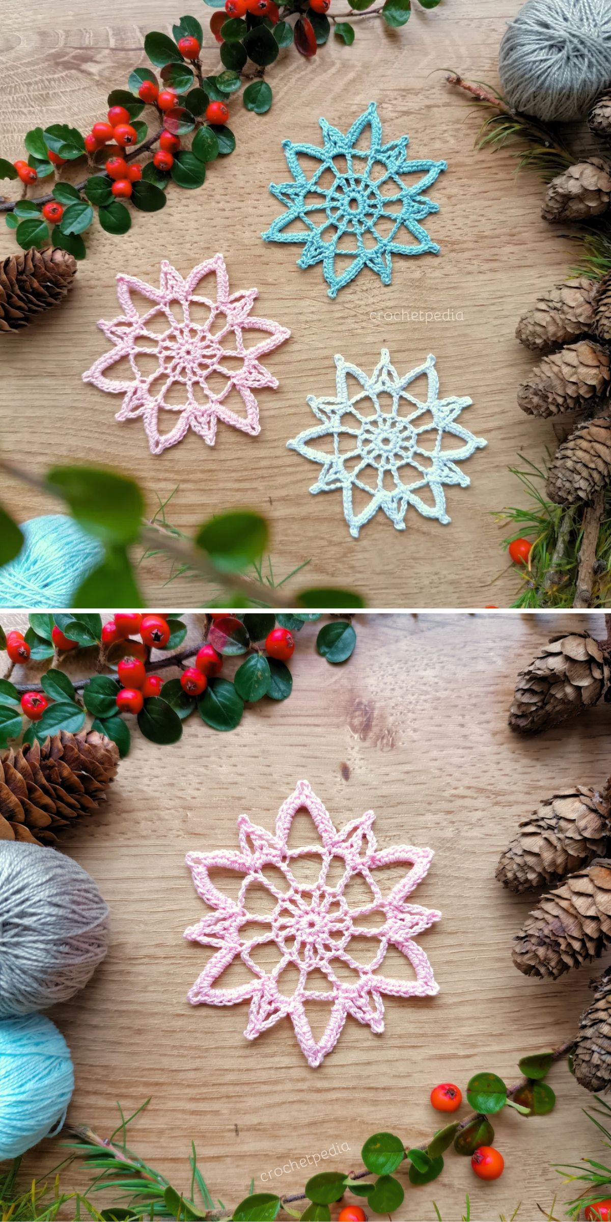 Three crochet star motifs in pink, blue, and white are displayed on a wooden surface with yarn balls, pinecones, and greenery around them. The second image shows a single pink motif.