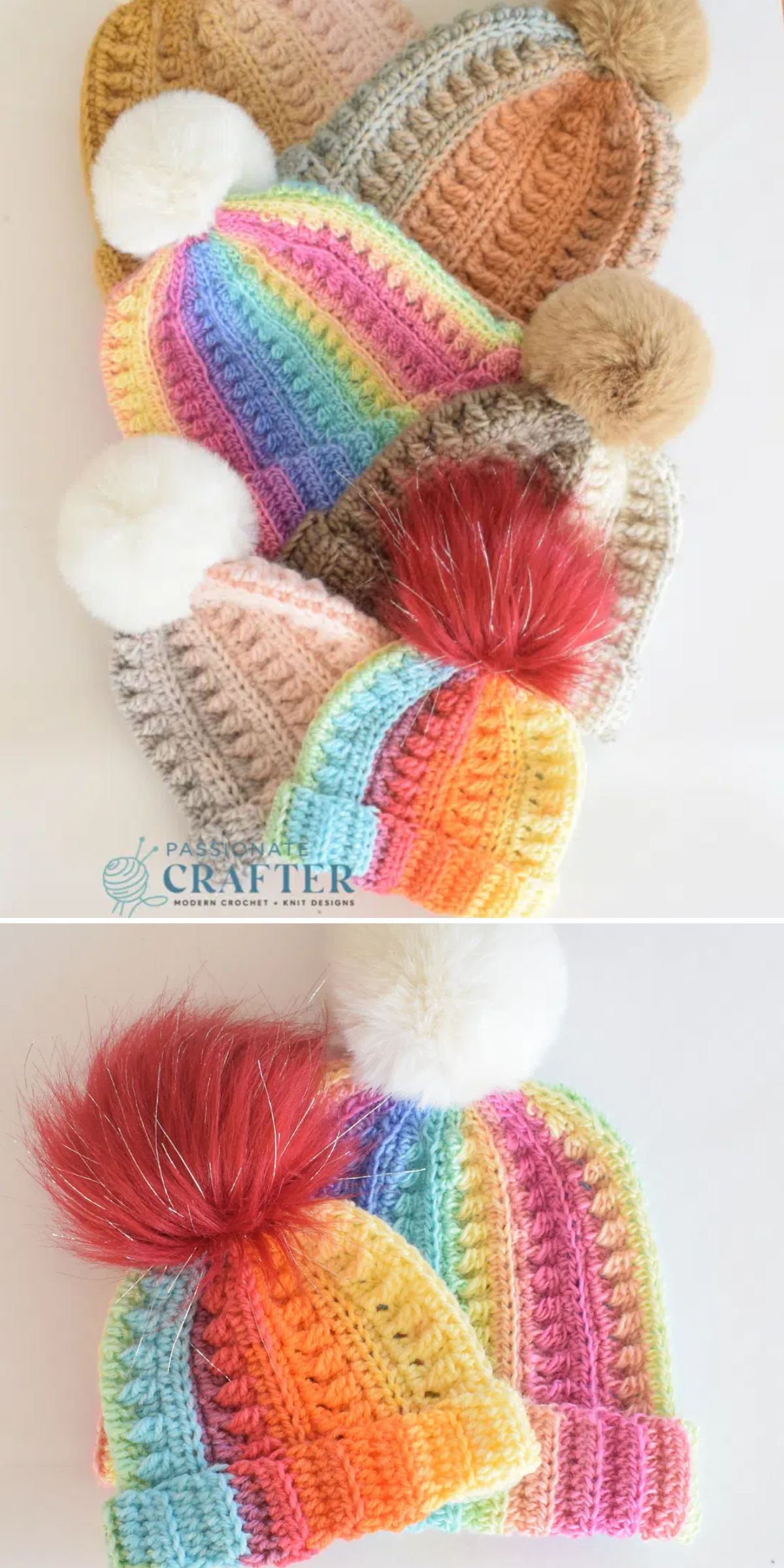 a set of colorful crochet beanies with fluffy pom poms