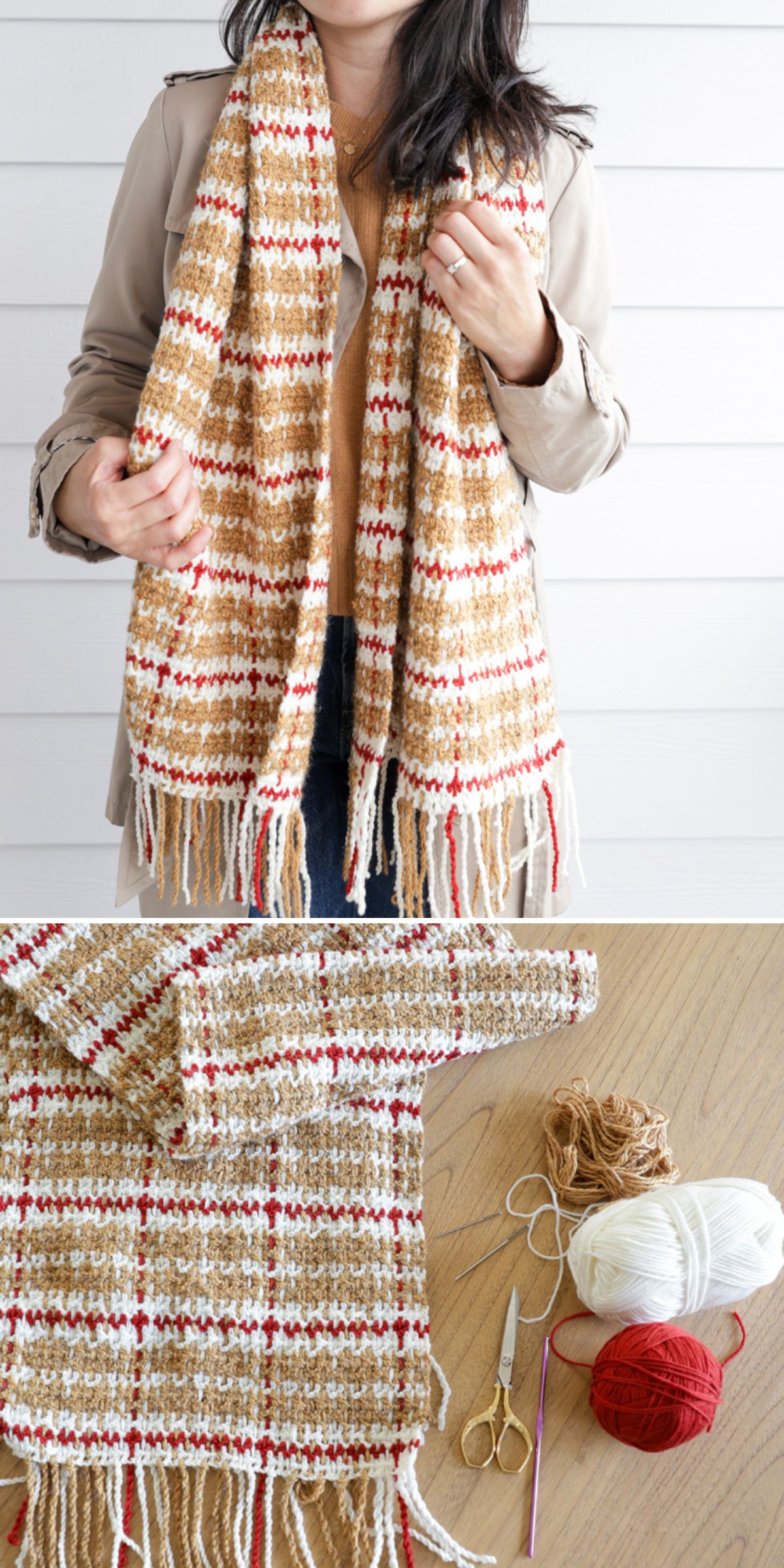 a warm crochet scarf featuring a plaid design in light colors