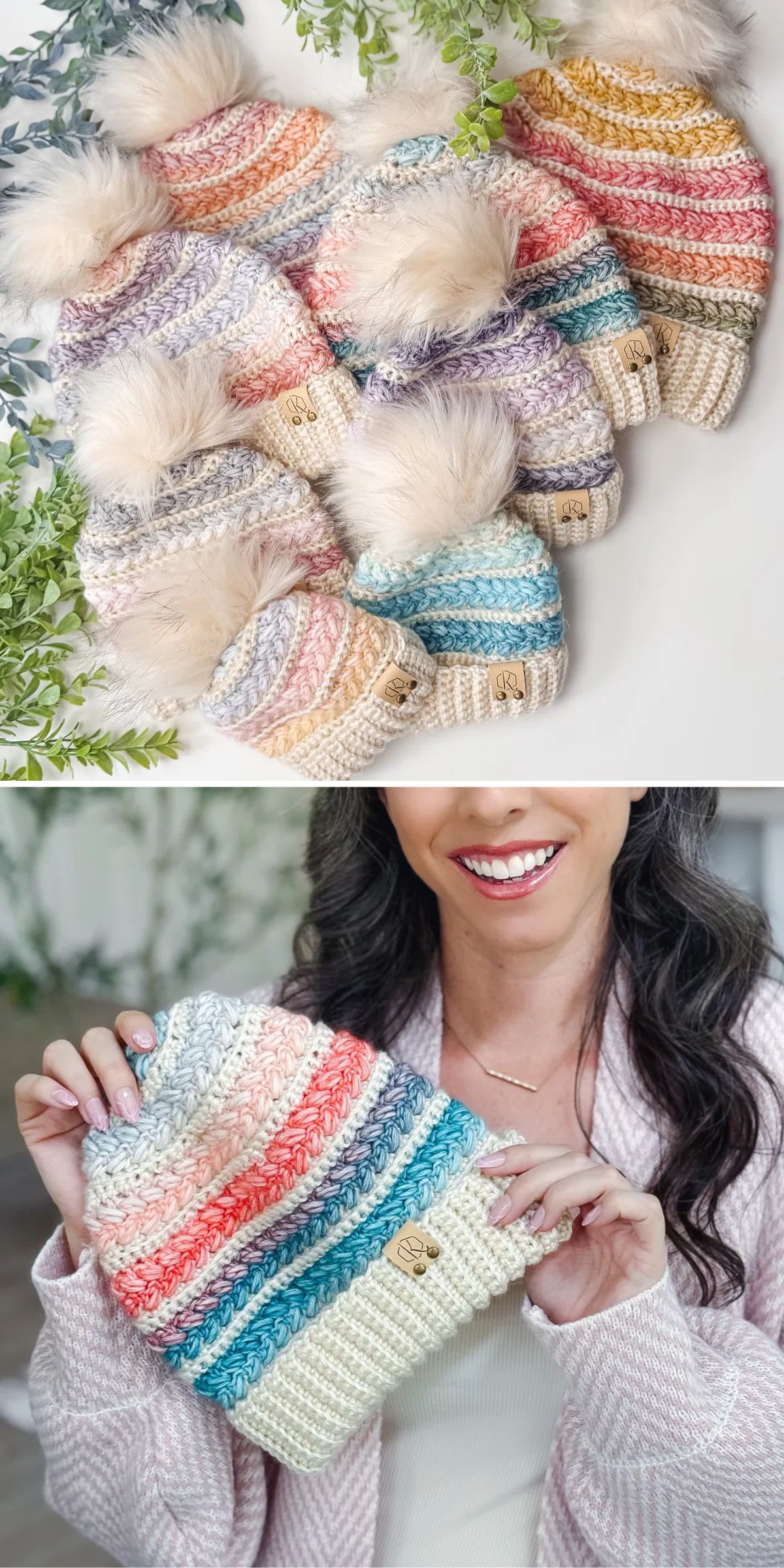 a collection of crochet winter hats in rainbow-themed striped designs