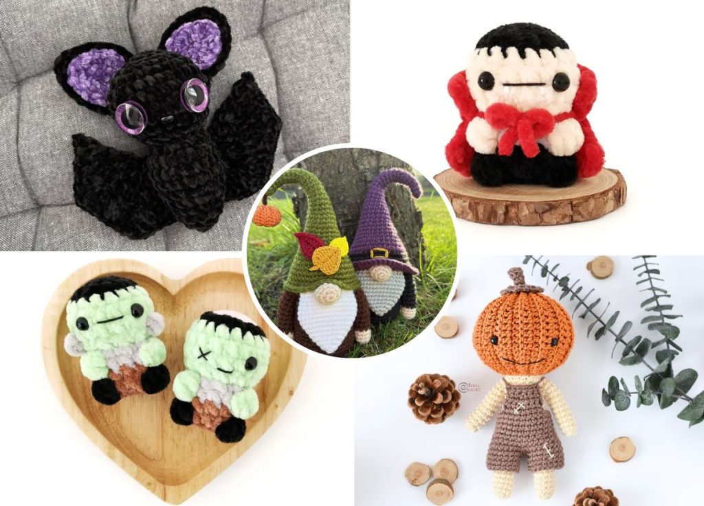 a set of crochet Halloween amigurumi toys and decor