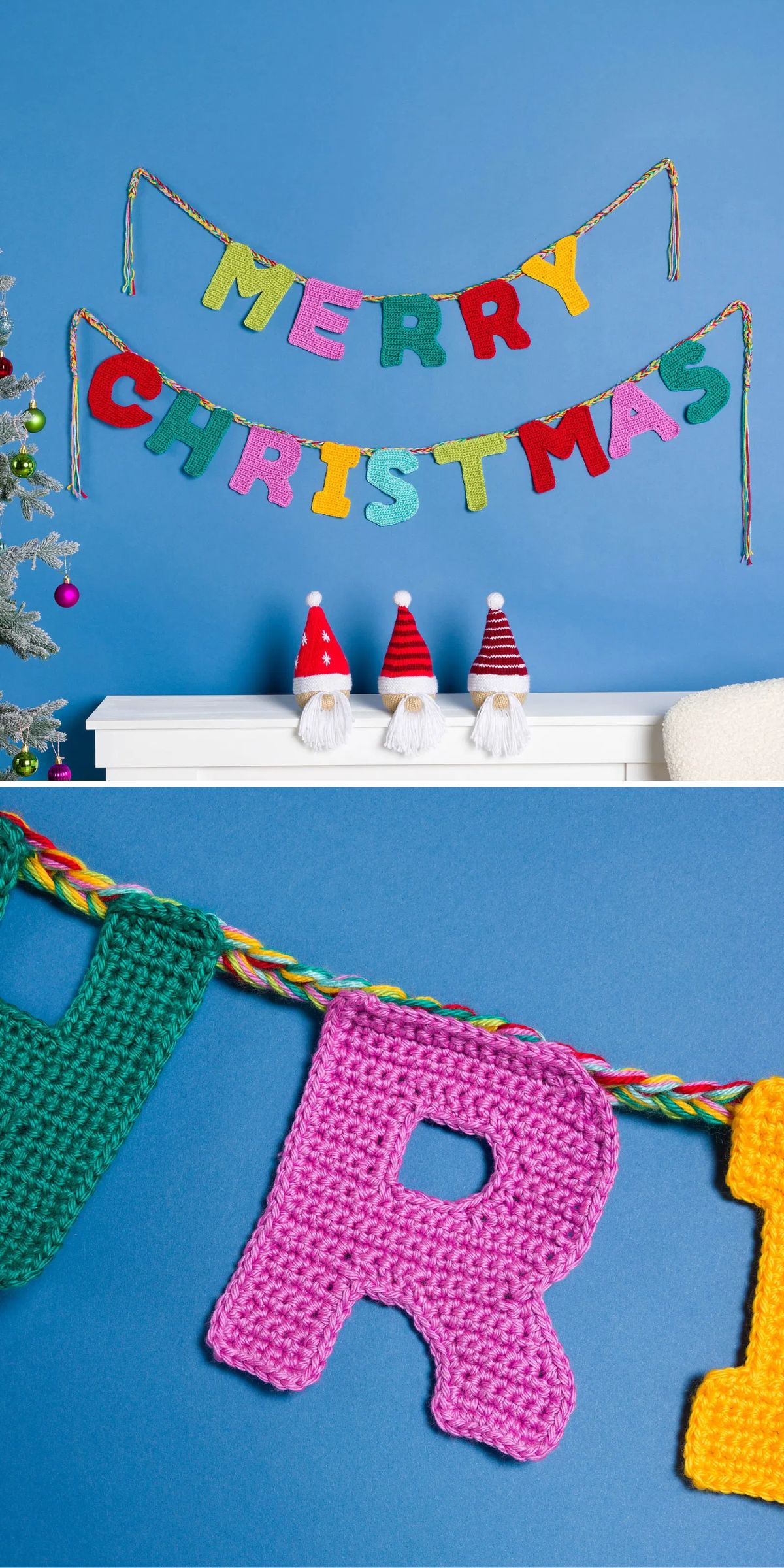 Crocheted letters spelling "MERRY CHRISTMAS" hang on a blue wall above three gnome decorations on a white cabinet, with a close-up of the crocheted "R" below.