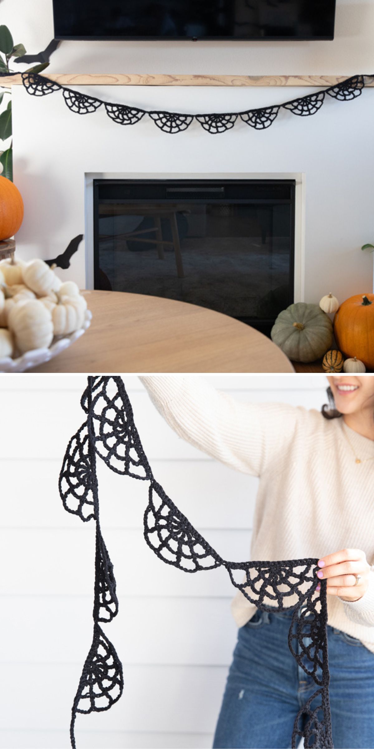a Halloween crochet spiderweb bunting