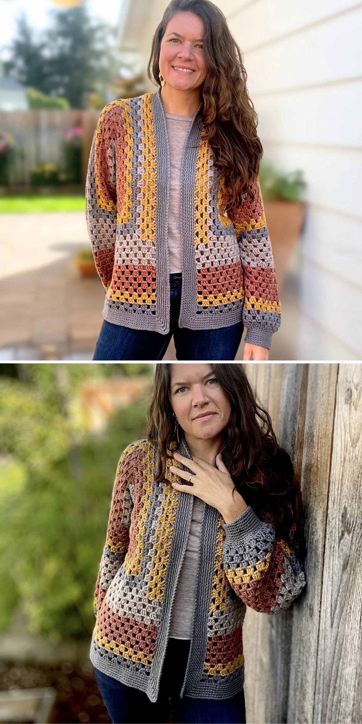 a woman wearing hip-length crochet hexagon cardigan in fall colors