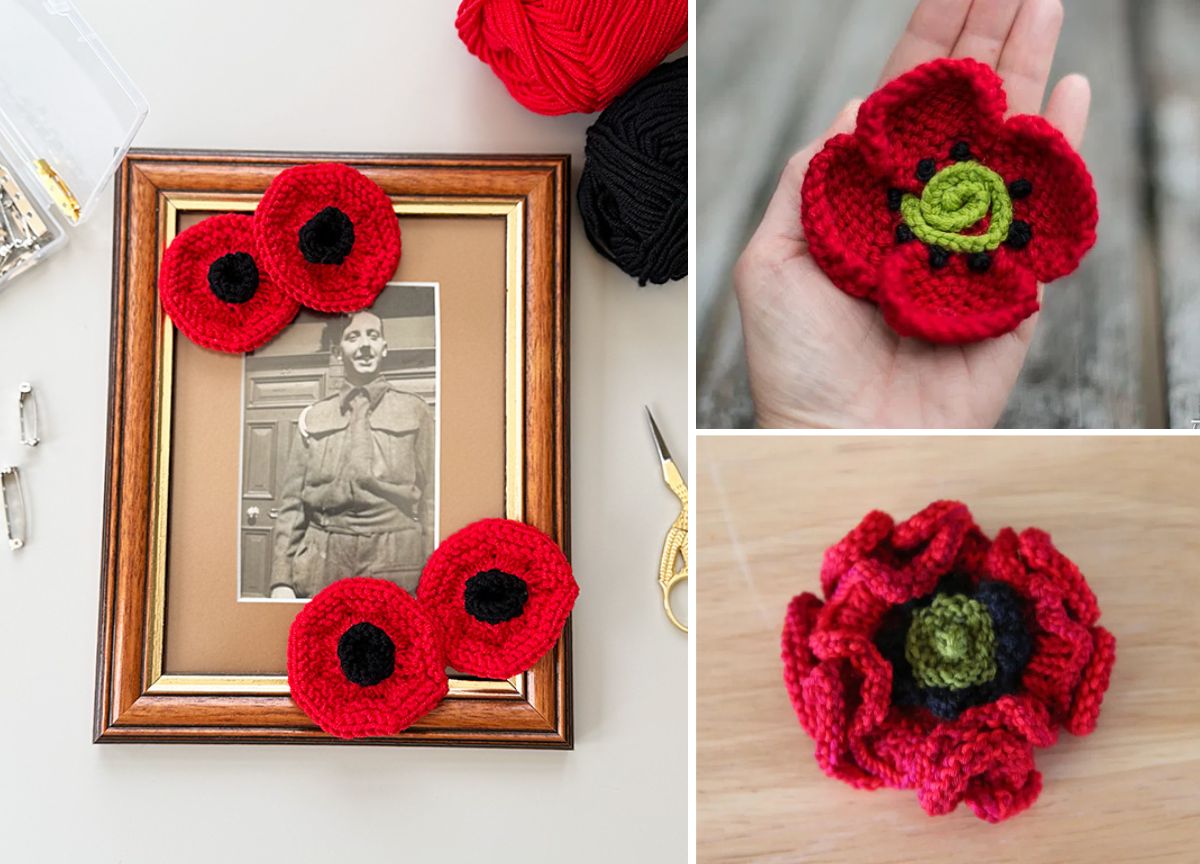 Three crocheted red poppy flowers are displayed: two on a framed black-and-white photo of a soldier, one held in a hand, and one on a wooden surface; yarn and scissors are visible.