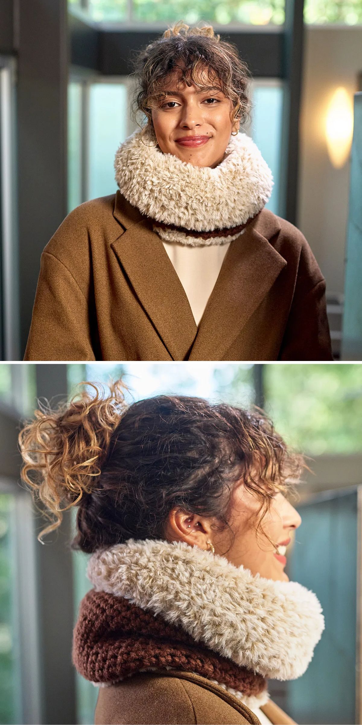 a woman wearing a crochet faux fur cowl