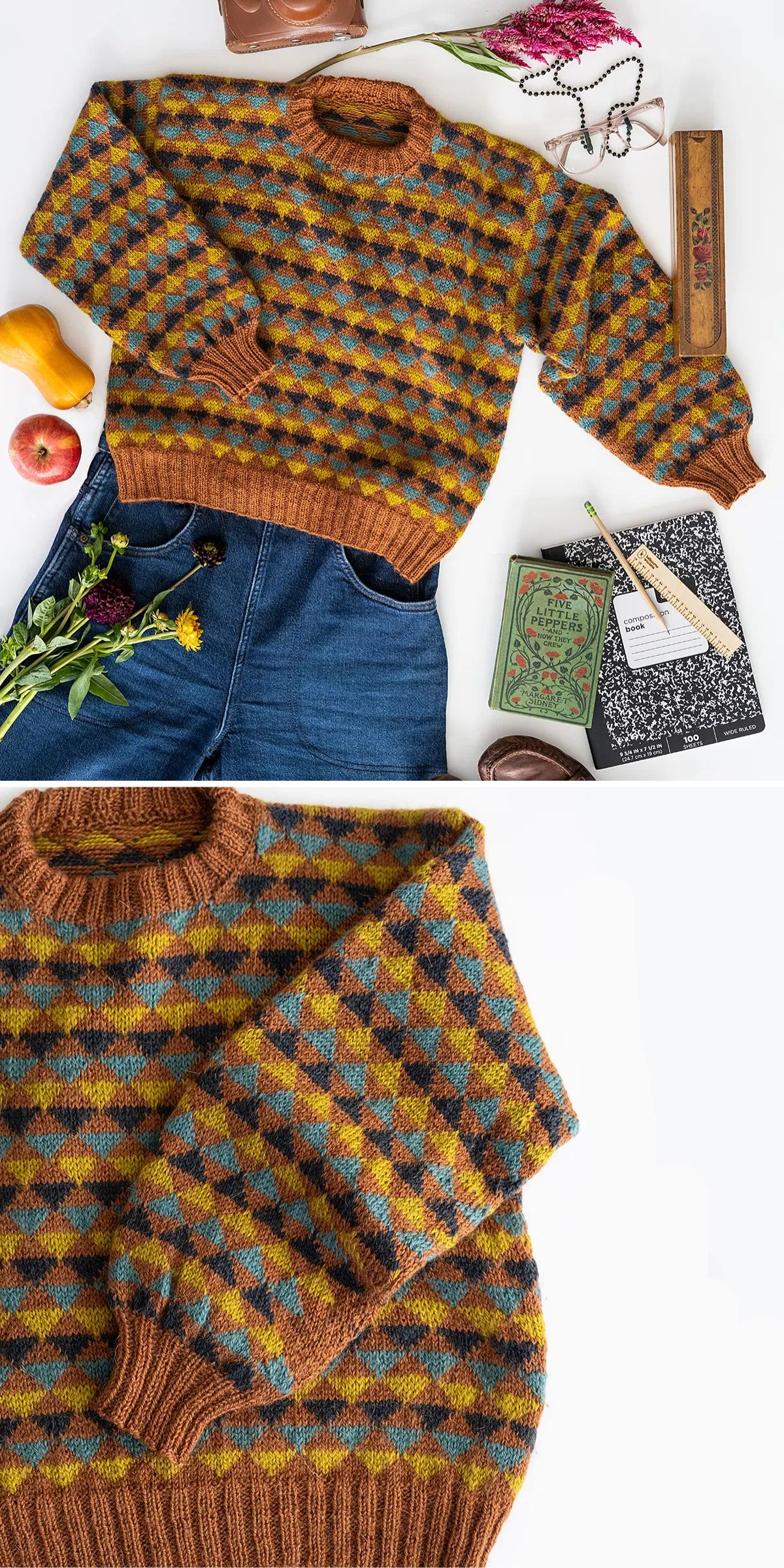 a knitted pullover with a multicolored pattern