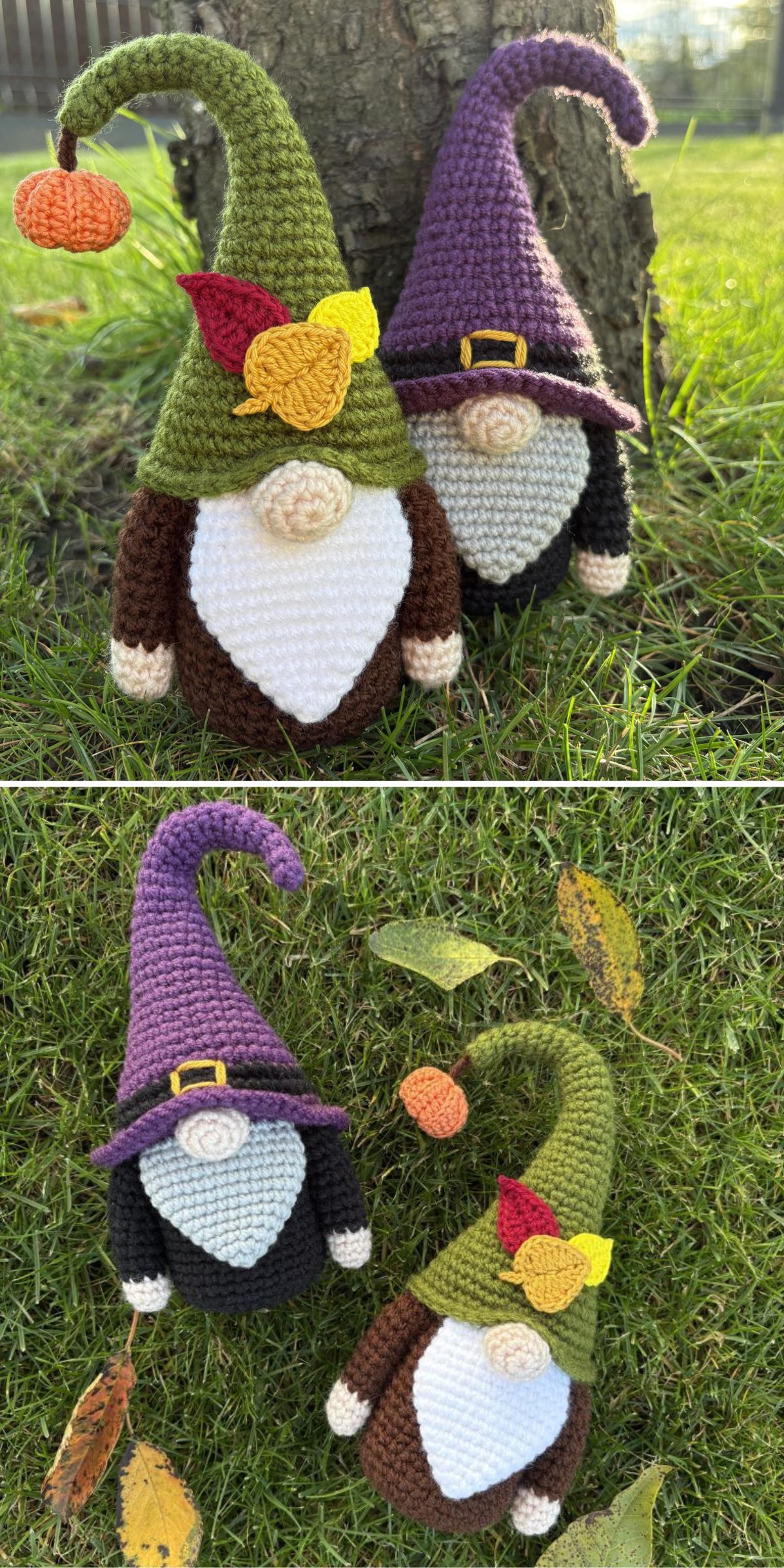 two crochet gnomes with fall-inspired designs